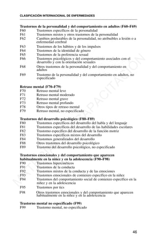 Trastornos de la personalidad y del comportamiento en adultos (F60–F69)
F60 Trastornos específicos de la personalidad
F61 Trastornos mixtos y otros trastornos de la personalidad
F62 Cambios perdurables de la personalidad, no atribuibles a lesión o a
enfermedad cerebral
F63 Trastornos de los hábitos y de los impulsos
F64 Trastornos de la identidad de género
F65 Trastornos de la preferencia sexual
F66 Trastornos psicológicos y del comportamiento asociados con el
desarrollo y con la orientación sexuales
F68 Otros trastornos de la personalidad y del comportamiento en
adultos
F69 Trastorno de la personalidad y del comportamiento en adultos, no
especificado
Retraso mental (F70–F79)
F70 Retraso mental leve
F71 Retraso mental moderado
F72 Retraso mental grave
F73 Retraso mental profundo
F78 Otros tipos de retraso mental
F79 Retraso mental, no especificado
Trastornos del desarrollo psicológico (F80–F89)
F80 Trastornos específicos del desarrollo del habla y del lenguaje
F81 Trastornos específicos del desarrollo de las habilidades escolares
F82 Trastorno específico del desarrollo de la función motriz
F83 Trastornos específicos mixtos del desarrollo
F84 Trastornos generalizados del desarrollo
F88 Otros trastornos del desarrollo psicológico
F89 Trastorno del desarrollo psicológico, no especificado
Trastornos emocionales y del comportamiento que aparecen
habitualmente en la niñez y en la adolescencia (F90–F98)
F90 Trastornos hipercinéticos
F91 Trastornos de la conducta
F92 Trastornos mixtos de la conducta y de las emociones
F93 Trastornos emocionales de comienzo específico en la niñez
F94 Trastornos del comportamiento social de comienzo específico en la
niñez y en la adolescencia
F95 Trastornos por tics
F98 Otros trastornos emocionales y del comportamiento que aparecen
habitualmente en la niñez y en la adolescencia
Trastorno mental no especificado (F99)
F99 Trastorno mental, no especificado
CLASIFICACIÓN INTERNACIONAL DE ENFERMEDADES
46
M
A
T
E
R
I
A
L
D
E
C
A
P
A
C
I
T
A
C
I
Ó
N
 