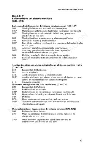 Capítulo VI
Enfermedades del sistema nervioso
(G00–G99)
Enfermedades inflamatorias del sistema nervioso central (G00–G09)
G00 Meningitis bacteriana, no clasificada en otra parte
G01* Meningitis en enfermedades bacterianas clasificadas en otra parte
G02* Meningitis en otras enfermedades infecciosas y parasitarias
clasificadas en otra parte
G03 Meningitis debida a otras causas y a las no especificadas
G04 Encefalitis, mielitis y encefalomielitis
G05* Encefalitis, mielitis y encefalomielitis en enfermedades clasificadas
en otra parte
G06 Absceso y granuloma intracraneal e intrarraquídeo
G07* Absceso y granuloma intracraneal e intrarraquídeo en
enfermedades clasificadas en otra parte
G08 Flebitis y tromboflebitis intracraneal e intrarraquídea
G09 Secuelas de enfermedades inflamatorias del sistema nervioso
central
Atrofias sistémicas que afectan principalmente el sistema nervioso central
(G10–G14)
G10 Enfermedad de Huntington
G11 Ataxia hereditaria
G12 Atrofia muscular espinal y síndromes afines
G13* Atrofias sistémicas que afectan primariamente el sistema nervioso
central en enfermedades clasificadas en otra parte
Trastornos extrapiramidales y del movimiento (G20–G26)
G20 Enfermedad de Parkinson
G21 Parkinsonismo secundario
G22* Parkinsonismo en enfermedades clasificadas en otra parte
G23 Otras enfermedades degenerativas de los núcleos de la base
G24 Distonía
G25 Otros trastornos extrapiramidales y del movimiento
G26* Trastornos extrapiramidales y del movimiento en enfermedades
clasificadas en otra parte
Otras enfermedades degenerativas del sistema nervioso (G30–G32)
G30 Enfermedad de Alzheimer
G31 Otras enfermedades degenerativas del sistema nervioso, no
clasificadas en otra parte
G32* Otros trastornos degenerativos del sistema nervioso en
enfermedades clasificadas en otra parte
LISTA DE TRES CARACTERES
47
G14 Síndrome postpolio
M
A
T
E
R
I
A
L
D
E
C
A
P
A
C
I
T
A
C
I
Ó
N
 