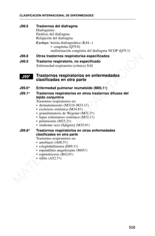 J98.6 Trastornos del diafragma
Diafragmitis
Parálisis del diafragma
Relajación del diafragma
Excluye: hernia diafragmática (K44.–)
• congénita (Q79.0)
malformación congénita del diafragma NCOP (Q79.1)
J98.8 Otros trastornos respiratorios especificados
J98.9 Trastorno respiratorio, no especificado
Enfermedad respiratoria (crónica) SAI
J99* Trastornos respiratorios en enfermedades
clasificadas en otra parte
J99.0* Enfermedad pulmonar reumatoide (M05.1†)
J99.1* Trastornos respiratorios en otros trastornos difusos del
tejido conjuntivo
Trastornos respiratorios en:
• dermatomiositis (M33.0–M33.1†)
• esclerosis sistémica (M34.8†)
• granulomatosis de Wegener (M31.3†)
• lupus eritematoso sistémico (M32.1†)
• polimiositis (M33.2†)
• síndrome seco [Sjögren] (M35.0†)
J99.8* Trastornos respiratorios en otras enfermedades
clasificadas en otra parte
Trastornos respiratorios en:
• amebiasis (A06.5†)
• crioglobulinemia (D89.1†)
• espondilitis anquilosante (M45†)
• esporotricosis (B42.0†)
• sífilis (A52.7†)
CLASIFICACIÓN INTERNACIONAL DE ENFERMEDADES
508
M
A
T
E
R
I
A
L
D
E
C
A
P
A
C
I
T
A
C
I
Ó
N
 