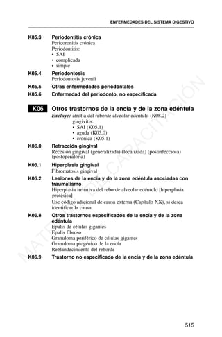 K05.3 Periodontitis crónica
Pericoronitis crónica
Periodontitis:
• SAI
• complicada
• simple
K05.4 Periodontosis
Periodontosis juvenil
K05.5 Otras enfermedades periodontales
K05.6 Enfermedad del periodonto, no especificada
K06 Otros trastornos de la encía y de la zona edéntula
Excluye: atrofia del reborde alveolar edéntulo (K08.2)
gingivitis:
• SAI (K05.1)
• aguda (K05.0)
• crónica (K05.1)
K06.0 Retracción gingival
Recesión gingival (generalizada) (localizada) (postinfecciosa)
(postoperatoria)
K06.1 Hiperplasia gingival
Fibromatosis gingival
K06.2 Lesiones de la encía y de la zona edéntula asociadas con
traumatismo
Hiperplasia irritativa del reborde alveolar edéntulo [hiperplasia
protésica]
Use código adicional de causa externa (Capítulo XX), si desea
identificar la causa.
K06.8 Otros trastornos especificados de la encía y de la zona
edéntula
Epulis de células gigantes
Epulis fibroso
Granuloma periférico de células gigantes
Granuloma piogénico de la encía
Reblandecimiento del reborde
K06.9 Trastorno no especificado de la encía y de la zona edéntula
ENFERMEDADES DEL SISTEMA DIGESTIVO
515
M
A
T
E
R
I
A
L
D
E
C
A
P
A
C
I
T
A
C
I
Ó
N
 