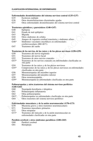 Enfermedades desmielinizantes del sistema nervioso central (G35–G37)
G35 Esclerosis múltiple
G36 Otras desmielinizaciones diseminadas agudas
G37 Otras enfermedades desmielinizantes del sistema nervioso central
Trastornos episódicos y paroxísticos (G40–G47)
G40 Epilepsia
G41 Estado de mal epiléptico
G43 Migraña
G44 Otros síndromes de cefalea
G45 Ataques de isquemia cerebral transitoria y síndromes afines
G46* Síndromes vasculares encefálicos en enfermedades
cerebrovasculares (I60–I67†)
G47 Trastornos del sueño
Trastornos de los nervios, de las raíces y de los plexos nerviosos (G50–G59)
G50 Trastornos del nervio trigémino
G51 Trastornos del nervio facial
G52 Trastornos de otros nervios craneales
G53* Trastornos de los nervios craneales en enfermedades clasificadas en
otra parte
G54 Trastornos de las raíces y de los plexos nerviosos
G55* Compresiones de las raíces y de los plexos nerviosos en enfermedades
clasificadas en otra parte
G56 Mononeuropatías del miembro superior
G57 Mononeuropatías del miembro inferior
G58 Otras mononeuropatías
G59* Mononeuropatía en enfermedades clasificadas en otra parte
Polineuropatías y otros trastornos del sistema nervioso periférico
(G60–G64)
G60 Neuropatía hereditaria e idiopática
G61 Polineuropatía inflamatoria
G62 Otras polineuropatías
G63* Polineuropatías en enfermedades clasificadas en otra parte
G64 Otros trastornos del sistema nervioso periférico
Enfermedades musculares y de la unión neuromuscular (G70–G73)
G70 Miastenia gravis y otros trastornos neuromusculares
G71 Trastornos musculares primarios
G72 Otras miopatías
G73* Trastornos del músculo y de la unión neuromuscular en
enfermedades clasificadas en otra parte
Parálisis cerebral y otros síndromes paralíticos (G80–G83)
G80 Parálisis cerebral
G81 Hemiplejía
CLASIFICACIÓN INTERNACIONAL DE ENFERMEDADES
48
M
A
T
E
R
I
A
L
D
E
C
A
P
A
C
I
T
A
C
I
Ó
N
 