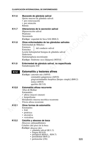 K11.6 Mucocele de glándula salival
Quiste mucoso de glándula salival:
• por extravasación
• por retención
Ránula
K11.7 Alteraciones de la secreción salival
Hiposecreción salival
Ptialismo
Xerostomía
Excluye: sequedad de boca SAI (R68.2)
K11.8 Otras enfermedades de las glándulas salivales
Enfermedad de Mikulicz
Estenosis del conducto salival
Estrechez
Lesión linfoepitelial benigna de glándula salival
Sialectasia
Sialometaplasia necrotizante
Excluye: Síndrome seco [Sjögren] (M35.0)
K11.9 Enfermedad de glándula salival, no especificada
Sialadenopatía SAI
K12 Estomatitis y lesiones afines
Excluye: cancrum oris (A69.0)
estomatitis gangrenosa (A69.0)
gingivoestomatitis herpética [herpes simple] (B00.2)
noma (A69.0)
queilitis (K13.0)
K12.0 Estomatitis aftosa recurrente
Aftas de Bednar
Estomatitis:
• aftosa (mayor) (menor)
• herpetiforme
Periadenitis mucosa necrótica recurrente
Úlcera aftosa recurrente
K12.1 Otras formas de estomatitis
Estomatitis:
• SAI
• protésica
• ulcerativa
• vesiculosa
CLASIFICACIÓN INTERNACIONAL DE ENFERMEDADES
520
⎫
⎬
⎭
K12.2 Celulitis y absceso de boca
Abscesos submandibulares
Celulitis (del piso) de la boca
Excluye: absceso (de):
• glándula salival (K11.3)
• lengua (K14.0)
• periapical (K04.6 – K04.7)
• periodontal (K05.2)
• peritonsilar (J36)
M
A
T
E
R
I
A
L
D
E
C
A
P
A
C
I
T
A
C
I
Ó
N
 