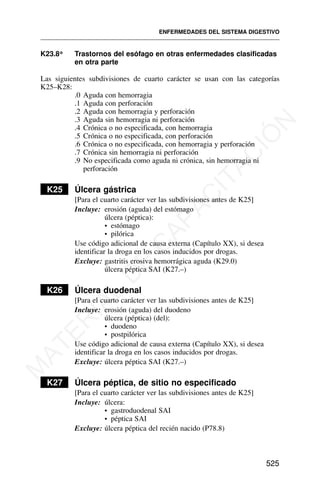 K23.8* Trastornos del esófago en otras enfermedades clasificadas
en otra parte
Las siguientes subdivisiones de cuarto carácter se usan con las categorías
K25–K28:
.0 Aguda con hemorragia
.1 Aguda con perforación
.2 Aguda con hemorragia y perforación
.3 Aguda sin hemorragia ni perforación
.4 Crónica o no especificada, con hemorragia
.5 Crónica o no especificada, con perforación
.6 Crónica o no especificada, con hemorragia y perforación
.7 Crónica sin hemorragia ni perforación
.9 No especificada como aguda ni crónica, sin hemorragia ni
perforación
K25 Úlcera gástrica
[Para el cuarto carácter ver las subdivisiones antes de K25]
Incluye: erosión (aguda) del estómago
úlcera (péptica):
• estómago
• pilórica
Use código adicional de causa externa (Capítulo XX), si desea
identificar la droga en los casos inducidos por drogas.
Excluye: gastritis erosiva hemorrágica aguda (K29.0)
úlcera péptica SAI (K27.–)
K26 Úlcera duodenal
[Para el cuarto carácter ver las subdivisiones antes de K25]
Incluye: erosión (aguda) del duodeno
úlcera (péptica) (del):
• duodeno
• postpilórica
Use código adicional de causa externa (Capítulo XX), si desea
identificar la droga en los casos inducidos por drogas.
Excluye: úlcera péptica SAI (K27.–)
K27 Úlcera péptica, de sitio no especificado
[Para el cuarto carácter ver las subdivisiones antes de K25]
Incluye: úlcera:
• gastroduodenal SAI
• péptica SAI
Excluye: úlcera péptica del recién nacido (P78.8)
ENFERMEDADES DEL SISTEMA DIGESTIVO
525
M
A
T
E
R
I
A
L
D
E
C
A
P
A
C
I
T
A
C
I
Ó
N
 