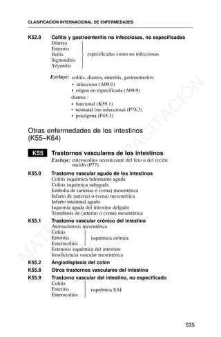 K52.9 Colitis y gastroenteritis no infecciosas, no especificadas
Diarrea
Enteritis
Ileítis
Sigmoiditis
Yeyunitis
Excluye: colitis, diarrea, enteritis, gastroenteritis:
• infecciosa (A09.0)
• origen no especificada (A09.9)
diarrea :
• funcional (K59.1)
• neonatal (no infecciosa) (P78.3)
• psicógena (F45.3)
Otras enfermedades de los intestinos
(K55–K64)
K55 Trastornos vasculares de los intestinos
Excluye: enterocolitis necrotizante del feto o del recién
nacido (P77)
K55.0 Trastorno vascular agudo de los intestinos
Colitis isquémica fulminante aguda
Colitis isquémica subaguda
Embolia de (arteria) o (vena) mesentérica
Infarto de (arteria) o (vena) mesentérica
Infarto intestinal agudo
Isquemia aguda del intestino delgado
Trombosis de (arteria) o (vena) mesentérica
K55.1 Trastorno vascular crónico del intestino
Aterosclerosis mesentérica
Colitis
Enteritis
Enterocolitis
Estenosis isquémica del intestino
Insuficiencia vascular mesentérica
K55.2 Angiodisplasia del colon
K55.8 Otros trastornos vasculares del intestino
K55.9 Trastorno vascular del intestino, no especificado
Colitis
Enteritis
Enterocolitis
CLASIFICACIÓN INTERNACIONAL DE ENFERMEDADES
535
especificadas como no infecciosas
⎫
⎪
⎪
⎬
⎪
⎪
⎭
⎫
⎪
⎬
⎪
⎭
isquémica crónica
⎫
⎪
⎬
⎪
⎭
isquémica SAI
M
A
T
E
R
I
A
L
D
E
C
A
P
A
C
I
T
A
C
I
Ó
N
 