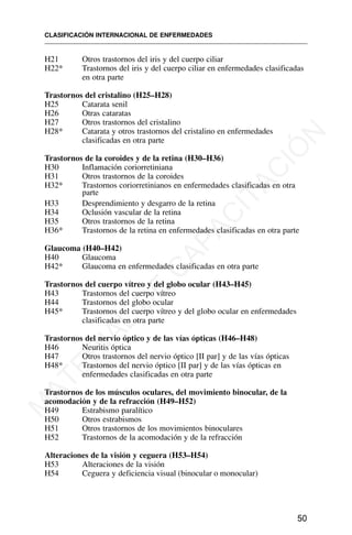 H21 Otros trastornos del iris y del cuerpo ciliar
H22* Trastornos del iris y del cuerpo ciliar en enfermedades clasificadas
en otra parte
Trastornos del cristalino (H25–H28)
H25 Catarata senil
H26 Otras cataratas
H27 Otros trastornos del cristalino
H28* Catarata y otros trastornos del cristalino en enfermedades
clasificadas en otra parte
Trastornos de la coroides y de la retina (H30–H36)
H30 Inflamación coriorretiniana
H31 Otros trastornos de la coroides
H32* Trastornos coriorretinianos en enfermedades clasificadas en otra
parte
H33 Desprendimiento y desgarro de la retina
H34 Oclusión vascular de la retina
H35 Otros trastornos de la retina
H36* Trastornos de la retina en enfermedades clasificadas en otra parte
Glaucoma (H40–H42)
H40 Glaucoma
H42* Glaucoma en enfermedades clasificadas en otra parte
Trastornos del cuerpo vítreo y del globo ocular (H43–H45)
H43 Trastornos del cuerpo vítreo
H44 Trastornos del globo ocular
H45* Trastornos del cuerpo vítreo y del globo ocular en enfermedades
clasificadas en otra parte
Trastornos del nervio óptico y de las vías ópticas (H46–H48)
H46 Neuritis óptica
H47 Otros trastornos del nervio óptico [II par] y de las vías ópticas
H48* Trastornos del nervio óptico [II par] y de las vías ópticas en
enfermedades clasificadas en otra parte
Trastornos de los músculos oculares, del movimiento binocular, de la
acomodación y de la refracción (H49–H52)
H49 Estrabismo paralítico
H50 Otros estrabismos
H51 Otros trastornos de los movimientos binoculares
H52 Trastornos de la acomodación y de la refracción
Alteraciones de la visión y ceguera (H53–H54)
H53 Alteraciones de la visión
H54 Ceguera y deficiencia visual (binocular o monocular)
CLASIFICACIÓN INTERNACIONAL DE ENFERMEDADES
50
M
A
T
E
R
I
A
L
D
E
C
A
P
A
C
I
T
A
C
I
Ó
N
 