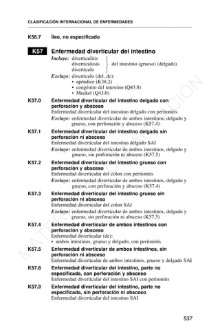 K56.7 Íleo, no especificado
K57 Enfermedad diverticular del intestino
Incluye: diverticulitis
diverticulosis del intestino (grueso) (delgado)
divertículo
Excluye: divertículo (del, de):
• apéndice (K38.2)
• congénito del intestino (Q43.8)
• Meckel (Q43.0)
K57.0 Enfermedad diverticular del intestino delgado con
perforación y absceso
Enfermedad diverticular del intestino delgado con peritonitis
Excluye: enfermedad diverticular de ambos intestinos, delgado y
grueso, con perforación y absceso (K57.4)
K57.1 Enfermedad diverticular del intestino delgado sin
perforación ni absceso
Enfermedad diverticular del intestino delgado SAI
Excluye: enfermedad diverticular de ambos intestinos, delgado y
grueso, sin perforación ni absceso (K57.5)
K57.2 Enfermedad diverticular del intestino grueso con
perforación y absceso
Enfermedad diverticular del colon con peritonitis
Excluye: enfermedad diverticular de ambos intestinos, delgado y
grueso, con perforación y absceso (K57.4)
K57.3 Enfermedad diverticular del intestino grueso sin
perforación ni absceso
Enfermedad diverticular del colon SAI
Excluye: enfermedad diverticular de ambos intestinos, delgado y
grueso, sin perforación ni absceso (K57.5)
K57.4 Enfermedad diverticular de ambos intestinos con
perforación y absceso
Enfermedad diverticular (de):
• ambos intestinos, grueso y delgado, con peritonitis
K57.5 Enfermedad diverticular de ambos intestinos, sin
perforación ni absceso
Enfermedad diverticular de ambos intestinos, grueso y delgado SAI
K57.8 Enfermedad diverticular del intestino, parte no
especificada, con perforación y absceso
Enfermedad diverticular del intestino SAI con peritonitis
K57.9 Enfermedad diverticular del intestino, parte no
especificada, sin perforación ni absceso
Enfermedad diverticular del intestino SAI
CLASIFICACIÓN INTERNACIONAL DE ENFERMEDADES
537
⎫
⎪
⎬
⎪
⎭
M
A
T
E
R
I
A
L
D
E
C
A
P
A
C
I
T
A
C
I
Ó
N
 