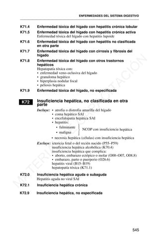 K71.4 Enfermedad tóxica del hígado con hepatitis crónica lobular
K71.5 Enfermedad tóxica del hígado con hepatitis crónica activa
Enfermedad tóxica del hígado con hepatitis lupoide
K71.6 Enfermedad tóxica del hígado con hepatitis no clasificada
en otra parte
K71.7 Enfermedad tóxica del hígado con cirrosis y fibrosis del
hígado
K71.8 Enfermedad tóxica del hígado con otros trastornos
hepáticos
Hepatopatía tóxica con:
• enfermedad veno–oclusiva del hígado
• granuloma hepático
• hiperplasia nodular focal
• peliosis hepática
K71.9 Enfermedad tóxica del hígado, no especificada
K72 Insuficiencia hepática, no clasificada en otra
parte
Incluye: • atrofia o distrofia amarilla del hígado
• coma hepático SAI
• encefalopatía hepática SAI
• hepatitis:
• fulminante
• maligna
• necrosis hepática (células) con insuficiencia hepática
Excluye: ictericia fetal o del recién nacido (P55–P59)
insuficiencia hepática alcohólica (K70.4)
insuficiencia hepática que complica:
• aborto, embarazo ectópico o molar (O00–O07, O08.8)
• embarazo, parto o puerperio (O26.6)
hepatitis viral (B15–B19)
hepatopatía tóxica (K71.1)
K72.0 Insuficiencia hepática aguda o subaguda
K72.1 Insuficiencia hepática crónica
K72.9 Insuficiencia hepática, no especificada
ENFERMEDADES DEL SISTEMA DIGESTIVO
545
⎫
⎪
⎬
⎪
⎭
NCOP con insuficiencia hepática
Hepatitis aguda no viral SAI
M
A
T
E
R
I
A
L
D
E
C
A
P
A
C
I
T
A
C
I
Ó
N
 