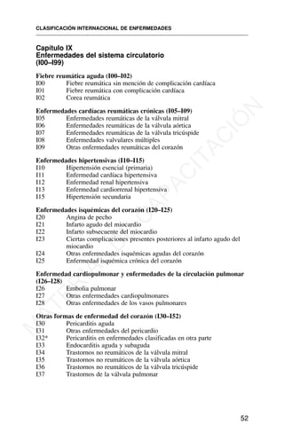 Capítulo IX
Enfermedades del sistema circulatorio
(I00–I99)
Fiebre reumática aguda (I00–I02)
I00 Fiebre reumática sin mención de complicación cardíaca
I01 Fiebre reumática con complicación cardíaca
I02 Corea reumática
Enfermedades cardíacas reumáticas crónicas (I05–I09)
I05 Enfermedades reumáticas de la válvula mitral
I06 Enfermedades reumáticas de la válvula aórtica
I07 Enfermedades reumáticas de la válvula tricúspide
I08 Enfermedades valvulares múltiples
I09 Otras enfermedades reumáticas del corazón
Enfermedades hipertensivas (I10–I15)
I10 Hipertensión esencial (primaria)
I11 Enfermedad cardíaca hipertensiva
I12 Enfermedad renal hipertensiva
I13 Enfermedad cardiorrenal hipertensiva
I15 Hipertensión secundaria
Enfermedades isquémicas del corazón (I20–I25)
I20 Angina de pecho
I21 Infarto agudo del miocardio
I22 Infarto subsecuente del miocardio
I23 Ciertas complicaciones presentes posteriores al infarto agudo del
miocardio
I24 Otras enfermedades isquémicas agudas del corazón
I25 Enfermedad isquémica crónica del corazón
Enfermedad cardiopulmonar y enfermedades de la circulación pulmonar
(I26–I28)
I26 Embolia pulmonar
I27 Otras enfermedades cardiopulmonares
I28 Otras enfermedades de los vasos pulmonares
Otras formas de enfermedad del corazón (I30–I52)
I30 Pericarditis aguda
I31 Otras enfermedades del pericardio
I32* Pericarditis en enfermedades clasificadas en otra parte
I33 Endocarditis aguda y subaguda
I34 Trastornos no reumáticos de la válvula mitral
I35 Trastornos no reumáticos de la válvula aórtica
I36 Trastornos no reumáticos de la válvula tricúspide
I37 Trastornos de la válvula pulmonar
CLASIFICACIÓN INTERNACIONAL DE ENFERMEDADES
52
M
A
T
E
R
I
A
L
D
E
C
A
P
A
C
I
T
A
C
I
Ó
N
 
