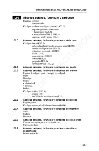 L02 Absceso cutáneo, furúnculo y carbunco
Incluye: divieso
furunculosis
Excluye: carbunco maligno (ántrax) (A22.0)
órganos genitales (externos):
• femeninos (N76.4)
• masculinos (N48.2, N49.–)
regiones anal y rectal (K61.–)
L02.0 Absceso cutáneo, furúnculo y carbunco de la cara
Excluye: boca (K12.2)
cabeza [cualquier parte, excepto cara] (L02.8)
conductos lagrimales (H04.3)
glándulas lagrimales (H04.0)
nariz (J34.0)
oído externo (H60.0)
órbita (H05.0)
párpado (H00.0)
submandibular (K12.2)
L02.1 Absceso cutáneo, furúnculo y carbunco del cuello
L02.2 Absceso cutáneo, furúnculo y carbunco del tronco
Espalda [cualquier parte, excepto las nalgas]
Ingle
Ombligo
Pared:
• abdominal
• torácica
Perineo
Excluye: cadera (L02.4)
mama (N61)
onfalitis del recién nacido (P38)
L02.3 Absceso cutáneo, furúnculo y carbunco de glúteos
Región glútea
Excluye: quiste pilonidal con absceso (L05.0)
L02.4 Absceso cutáneo, furúnculo y carbunco de miembro
Axila
Cadera
Hombro
L02.8 Absceso cutáneo, furúnculo y carbunco de otros sitios
Cabeza [cualquier parte, excepto la cara]
Cuero cabelludo
L02.9 Absceso cutáneo, furúnculo y carbunco de sitio no
especificado
Furunculosis SAI
ENFERMEDADES DE LA PIEL Y DEL TEJIDO SUBCUTÁNEO
557
M
A
T
E
R
I
A
L
D
E
C
A
P
A
C
I
T
A
C
I
Ó
N
 