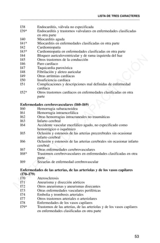I38 Endocarditis, válvula no especificada
I39* Endocarditis y trastornos valvulares en enfermedades clasificadas
en otra parte
I40 Miocarditis aguda
I41* Miocarditis en enfermedades clasificadas en otra parte
I42 Cardiomiopatía
I43* Cardiomiopatía en enfermedades clasificadas en otra parte
I44 Bloqueo auriculoventricular y de rama izquierda del haz
I45 Otros trastornos de la conducción
I46 Paro cardíaco
I47 Taquicardia paroxística
I48 Fibrilación y aleteo auricular
I49 Otras arritmias cardíacas
I50 Insuficiencia cardíaca
I51 Complicaciones y descripciones mal definidas de enfermedad
cardíaca
I52* Otros trastornos cardíacos en enfermedades clasificadas en otra
parte
Enfermedades cerebrovasculares (I60–I69)
I60 Hemorragia subaracnoidea
I61 Hemorragia intraencefálica
I62 Otras hemorragias intracraneales no traumáticas
I63 Infarto cerebral
I64 Accidente vascular encefálico agudo, no especificado como
hemorrágico o isquémico
I65 Oclusión y estenosis de las arterias precerebrales sin ocasionar
infarto cerebral
I66 Oclusión y estenosis de las arterias cerebrales sin ocasionar infarto
cerebral
I67 Otras enfermedades cerebrovasculares
I68* Trastornos cerebrovasculares en enfermedades clasificadas en otra
parte
I69 Secuelas de enfermedad cerebrovascular
Enfermedades de las arterias, de las arteriolas y de los vasos capilares
(I70–I79)
I70 Aterosclerosis
I71 Aneurisma y disección aórticos
I72 Otros aneurismas y aneurismas disecantes
I73 Otras enfermedades vasculares periféricas
I74 Embolia y trombosis arteriales
I77 Otros trastornos arteriales o arteriolares
I78 Enfermedades de los vasos capilares
I79* Trastornos de las arterias, de las arteriolas y de los vasos capilares
en enfermedades clasificadas en otra parte
LISTA DE TRES CARACTERES
53
M
A
T
E
R
I
A
L
D
E
C
A
P
A
C
I
T
A
C
I
Ó
N
 