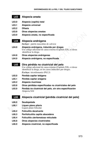 L63 Alopecia areata
L63.0 Alopecia (capitis) total
L63.1 Alopecia universal
L63.2 Ofiasis
L63.8 Otras alopecias areatas
L63.9 Alopecia areata, no especificada
L64 Alopecia andrógena
Incluye: patrón masculino de calvicie
L64.0 Alopecia andrógena, inducida por drogas
Use código adicional de causa externa (Capítulo XX), si desea
identificar la droga.
L64.8 Otras alopecias andrógenas
L64.9 Alopecia andrógena, no especificada
L65 Otra pérdida no cicatricial del pelo
Use código adicional de causa externa (Capítulo XX), si desea
identificar la droga, en los casos inducidos por drogas.
Excluye: tricotilomanía (F63.3)
L65.0 Pérdida capilar telógena
L65.1 Pérdida capilar anágena
L65.2 Alopecia mucinosa
L65.8 Otras pérdidas especificadas no cicatriciales del pelo
L65.9 Pérdida no cicatricial del pelo, sin otra especificación
Alopecia SAI
L66 Alopecia cicatricial [pérdida cicatricial del pelo]
L66.0 Seudopelada
L66.1 Liquen plano pilaris
Liquen plano folicular
L66.2 Foliculitis decalvante
L66.3 Perifoliculitis capitis abscedens
L66.4 Foliculitis uleritematosa reticulada
L66.8 Otras alopecias cicatriciales
L66.9 Alopecia cicatricial, no especificada
ENFERMEDADES DE LA PIEL Y DEL TEJIDO SUBCUTÁNEO
573
M
A
T
E
R
I
A
L
D
E
C
A
P
A
C
I
T
A
C
I
Ó
N
 