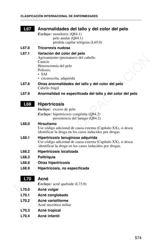 L67 Anormalidades del tallo y del color del pelo
Excluye: moniletrix (Q84.1)
pelo anular (Q84.1)
pérdida capilar telógena (L65.0)
L67.0 Tricorrexis nudosa
L67.1 Variación del color del pelo
Agrisamiento (prematuro) del cabello
Canicie
Heterocromía del pelo
Poliosis:
• SAI
• circunscrita, adquirida
L67.8 Otras anormalidades del tallo y del color del pelo
Cabello frágil
L67.9 Anormalidad no especificada del tallo y del color del pelo
L68 Hipertricosis
Incluye: exceso de pelo
Excluye: hipertricosis congénita (Q84.2)
persistencia del lanugo (Q84.2)
L68.0 Hirsutismo
Use código adicional de causa externa (Capítulo XX), si desea
identificar la droga en los casos inducidos por drogas.
L68.1 Hipertricosis lanuginosa adquirida
Use código adicional de causa externa (Capítulo XX), si desea
identificar la droga en los casos inducidos por drogas.
L68.2 Hipertricosis localizada
L68.3 Politriquia
L68.8 Otras hipertricosis
L68.9 Hipertricosis, no especificada
L70 Acné
Excluye: acné queloide (L73.0)
L70.0 Acné vulgar
L70.1 Acné conglobado
L70.2 Acné varioliforme
Acné necrótico miliar
L70.3 Acné tropical
L70.4 Acné infantil
CLASIFICACIÓN INTERNACIONAL DE ENFERMEDADES
574
M
A
T
E
R
I
A
L
D
E
C
A
P
A
C
I
T
A
C
I
Ó
N
 