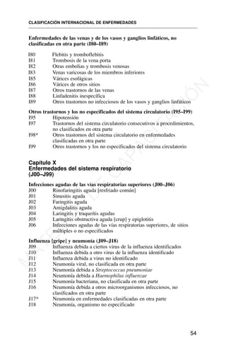 Enfermedades de las venas y de los vasos y ganglios linfáticos, no
clasificadas en otra parte (I80–I89)
I80 Flebitis y tromboflebitis
I81 Trombosis de la vena porta
I82 Otras embolias y trombosis venosas
I83 Venas varicosas de los miembros inferiores
I85 Várices esofágicas
I86 Várices de otros sitios
I87 Otros trastornos de las venas
I88 Linfadenitis inespecífica
I89 Otros trastornos no infecciosos de los vasos y ganglios linfáticos
Otros trastornos y los no especificados del sistema circulatorio (I95–I99)
I95 Hipotensión
I97 Trastornos del sistema circulatorio consecutivos a procedimientos,
no clasificados en otra parte
I98* Otros trastornos del sistema circulatorio en enfermedades
clasificadas en otra parte
I99 Otros trastornos y los no especificados del sistema circulatorio
Capítulo X
Enfermedades del sistema respiratorio
(J00–J99)
Infecciones agudas de las vías respiratorias superiores (J00–J06)
J00 Rinofaringitis aguda [resfriado común]
J01 Sinusitis aguda
J02 Faringitis aguda
J03 Amigdalitis aguda
J04 Laringitis y traqueítis agudas
J05 Laringitis obstructiva aguda [crup] y epiglotitis
J06 Infecciones agudas de las vías respiratorias superiores, de sitios
múltiples o no especificados
Influenza [gripe] y neumonía (J09–J18)
J09 Influenza debida a ciertos virus de la influenza identificados
J10 Influenza debida a otro virus de la influenza identificado
J11 Influenza debida a virus no identificado
J12 Neumonía viral, no clasificada en otra parte
J13 Neumonía debida a Streptococcus pneumoniae
J14 Neumonía debida a Haemophilus influenzae
J15 Neumonía bacteriana, no clasificada en otra parte
J16 Neumonía debida a otros microorganismos infecciosos, no
clasificados en otra parte
J17* Neumonía en enfermedades clasificadas en otra parte
J18 Neumonía, organismo no especificado
CLASIFICACIÓN INTERNACIONAL DE ENFERMEDADES
54
M
A
T
E
R
I
A
L
D
E
C
A
P
A
C
I
T
A
C
I
Ó
N
 