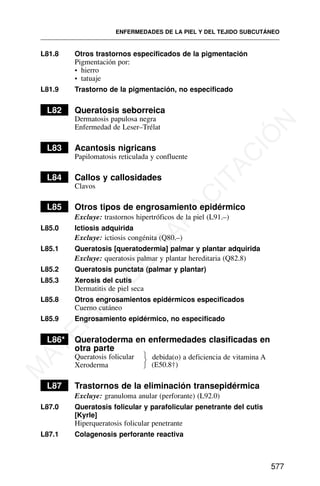 L81.8 Otros trastornos especificados de la pigmentación
Pigmentación por:
• hierro
• tatuaje
L81.9 Trastorno de la pigmentación, no especificado
L82 Queratosis seborreica
Dermatosis papulosa negra
Enfermedad de Leser–Trélat
L83 Acantosis nigricans
Papilomatosis reticulada y confluente
L84 Callos y callosidades
Clavos
L85 Otros tipos de engrosamiento epidérmico
Excluye: trastornos hipertróficos de la piel (L91.–)
L85.0 Ictiosis adquirida
Excluye: ictiosis congénita (Q80.–)
L85.1 Queratosis [queratodermia] palmar y plantar adquirida
Excluye: queratosis palmar y plantar hereditaria (Q82.8)
L85.2 Queratosis punctata (palmar y plantar)
L85.3 Xerosis del cutis
Dermatitis de piel seca
L85.8 Otros engrosamientos epidérmicos especificados
Cuerno cutáneo
L85.9 Engrosamiento epidérmico, no especificado
L86* Queratoderma en enfermedades clasificadas en
otra parte
Queratosis folicular
Xeroderma
L87 Trastornos de la eliminación transepidérmica
Excluye: granuloma anular (perforante) (L92.0)
L87.0 Queratosis folicular y parafolicular penetrante del cutis
[Kyrle]
Hiperqueratosis folicular penetrante
L87.1 Colagenosis perforante reactiva
ENFERMEDADES DE LA PIEL Y DEL TEJIDO SUBCUTÁNEO
577
⎫
⎬
⎭
debida(o) a deficiencia de vitamina A
(E50.8†)
M
A
T
E
R
I
A
L
D
E
C
A
P
A
C
I
T
A
C
I
Ó
N
 
