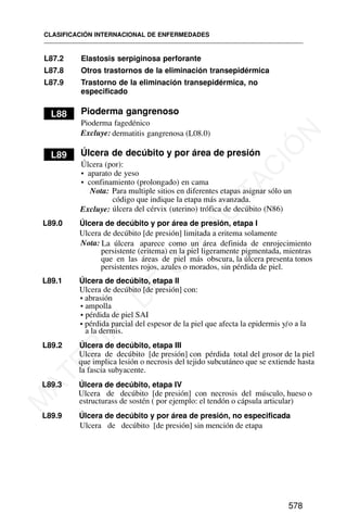 L87.2 Elastosis serpiginosa perforante
L87.8 Otros trastornos de la eliminación transepidérmica
L87.9 Trastorno de la eliminación transepidérmica, no
especificado
L88 Pioderma gangrenoso
dermatitis gangrenosa (L08.0)
Pioderma fagedénico
L89 Úlcera de decúbito y por área de presión
Úlcera (por):
• aparato de yeso
• confinamiento (prolongado) en cama
Para multiple sitios en diferentes etapas asignar sólo un
Excluye: úlcera del cérvix (uterino) trófica de decúbito (N86)
L90
L89.1 Úlcera de decúbito, etapa II
CLASIFICACIÓN INTERNACIONAL DE ENFERMEDADES
578
Excluye:
Nota:
código que indique la etapa más avanzada.
L89.0 Úlcera de decúbito y por área de presión, etapa I
Ulcera de decúbito [de presión] limitada a eritema solamente
Nota: La úlcera aparece como un área definida de enrojecimiento
persistente (eritema) en la piel ligeramente pigmentada, mientras
que en las áreas de piel más obscura, la úlcera presenta tonos
persistentes rojos, azules o morados, sin pérdida de piel.
Ulcera de decúbito [de presión] con:
• abrasión
• ampolla
• pérdida de piel SAI
• pérdida parcial del espesor de la piel que afecta la epidermis y/o a la
a la dermis.
L89.2 Úlcera de decúbito, etapa III
Ulcera de decúbito [de presión] con pérdida total del grosor de la piel
que implica lesión o necrosis del tejido subcutáneo que se extiende hasta
la fascia subyacente.
L89.3 Úlcera de decúbito, etapa IV
Ulcera de decúbito [de presión] con necrosis del músculo, hueso o
estructurass de sostén ( por ejemplo: el tendón o cápsula articular)
L89.9 Úlcera de decúbito y por área de presión, no especificada
Ulcera de decúbito [de presión] sin mención de etapa
M
A
T
E
R
I
A
L
D
E
C
A
P
A
C
I
T
A
C
I
Ó
N
 