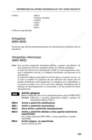 8 Otros cabeza
columna vertebral
costillas
cráneo
cuello
tronco
9 Sitio no especificado
Artropatías
(M00–M25)
Trastornos que afectan predominantemente las articulaciones periféricas (de los
miembros)
Artropatías infecciosas
(M00–M03)
Nota: Esta sección comprende artropatías debidas a agentes microbianos. Se
hace distinción entre las siguientes formas de relación etiológica:
a) infección directa de la articulación, donde los microorganismos inva-
den la membrana sinovial y el antígeno microbiano está presente en la
articulación;
b) infección indirecta, que puede ser de dos tipos: artropatía reactiva, en
la cual se establece la existencia de una infección del cuerpo pero no
pueden identificarse microorganismos ni antígenos en la articulación, y
artropatía postinfecciosa, en la cual existe antígeno microbiano pero el
hallazgo de microorganismos es inconstante y no hay prueba de multi-
plicación local.
M00 Artritis piógena
[Para el código de sitio ver las subclasificaciones antes de M00–M25]
M00.0 Artritis y poliartritis estafilocócica
M00.1 Artritis y poliartritis neumocócica
M00.2 Otras artritis y poliartritis estreptocócicas
M00.8 Artritis y poliartritis debidas a otros agentes bacterianos
especificados
Use código adicional (B95–B96), si desea identificar el agente
bacteriano.
M00.9 Artritis piógena, no especificada
Artritis infecciosa SAI
ENFERMEDADES DEL SISTEMA OSTEOMUSCULAR Y DEL TEJIDO CONJUNTIVO
586
infección y reacción inflamatoria debida a prótesis de
Excluye:
articulación interna (T84.5)
M
A
T
E
R
I
A
L
D
E
C
A
P
A
C
I
T
A
C
I
Ó
N
 