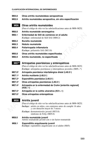 M05.8 Otras artritis reumatoideas seropositivas
M05.9 Artritis reumatoidea seropositiva, sin otra especificación
M06 Otras artritis reumatoides
[Para el código de sitio ver las subclasificaciones antes de M00–M25]
M06.0 Artritis reumatoide seronegativa
M06.1 Enfermedad de Still de comienzo en el adulto
Excluye: enfermedad de Still SAI (M08.2)
M06.2 Bursitis reumatoide
M06.3 Nódulo reumatoide
M06.4 Poliartropatía inflamatoria
Excluye: poliartritis SAI (M13.0)
M06.8 Otras artritis reumatoides especificadas
M06.9 Artritis reumatoide, no especificada
M07* Artropatías psoriásicas y enteropáticas
[Para el código de sitio ver las subclasificaciones antes de M00–M25]
Excluye: artropatías psoriásicas y enteropáticas juveniles (M09.–*)
M07.0* Artropatía psoriásica interfalángica distal (L40.5†)
M07.1* Artritis mutilante (L40.5†)
M07.2* Espondilitis psoriásica (L40.5†)
M07.3* Otras artropatías psoriásicas (L40.5†)
M07.4* Artropatía en la enfermedad de Crohn [enteritis regional]
(K50.–†)
M07.5* Artropatía en la colitis ulcerativa (K51.–†)
M07.6* Otras artropatías enteropáticas
M08 Artritis juvenil
[Para el código de sitio ver las subclasificaciones antes de M00–M25]
Incluye: artritis en niños, con comienzo antes de cumplir 16 años
y con duración mayor de 3 meses
Excluye: dermatomiositis juvenil (M33.0)
síndrome de Felty (M05.0)
M08.0 Artritis reumatoide juvenil
Artritis reumatoide juvenil con o sin factor reumatoide
M08.1 Espondilitis anquilosante juvenil
Excluye: espondilitis anquilosante en el adulto (M45)
CLASIFICACIÓN INTERNACIONAL DE ENFERMEDADES
589
M
A
T
E
R
I
A
L
D
E
C
A
P
A
C
I
T
A
C
I
Ó
N
 