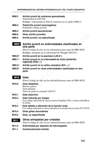 M08.2 Artritis juvenil de comienzo generalizado
Enfermedad de Still SAI
Excluye: enfermedad de Still de comienzo en el adulto (M06.1)
M08.3 Poliartritis juvenil (seronegativa)
Poliartritis crónica juvenil
M08.4 Artritis juvenil pauciarticular
M08.8 Otras artritis juveniles
M08.9 Artritis juvenil, no especificada
M09* Artritis juvenil en enfermedades clasificadas en
otra parte
[Para el código de sitio ver las subclasificaciones antes de M00–M25]
Excluye: artropatía en la enfermedad de Whipple (M14.8*)
M09.0* Artritis juvenil en la psoriasis (L40.5†)
M09.1* Artritis juvenil en la enfermedad de Crohn [enteritis
regional] (K50.–†)
M09.2* Artritis juvenil en la colitis ulcerativa (K51.–†)
M09.8* Artritis juvenil en otras enfermedades clasificadas en otra
parte
M10 Gota
[Para el código de sitio ver las subclasificaciones antes de M00–M25]
M10.0 Gota idiopática
Bursitis gotosa
Gota primaria
Tofos de urato en corazón† (I43.8*)
M10.1 Gota saturnina
M10.2 Gota inducida por drogas
Use código adicional de causa externa (Capítulo XX), si desea identificar
la droga.
M10.3 Gota debida a alteración de la función renal
M10.4 Otras gotas secundarias
M10.9 Gota, no especificada
M11 Otras artropatías por cristales
[Para el código de sitio ver las subclasificaciones antes de M00–M25]
M11.0 Enfermedad por depósito de hidroxiapatita
M11.1 Condrocalcinosis familiar
ENFERMEDADES DEL SISTEMA OSTEOMUSCULAR Y DEL TEJIDO CONJUNTIVO
590
Use código adicional si desea identificar la insuficiencia renal (N17-N19)
M
A
T
E
R
I
A
L
D
E
C
A
P
A
C
I
T
A
C
I
Ó
N
 