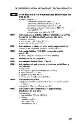 M14* Artropatía en otras enfermedades clasificadas en
otra parte
Excluye: artropatía en:
• enfermedad neoplásica (M36.1*)
• reacciones de hipersensibilidad (M36.4*)
• trastornos hematológicos (M36.2–M36.3*)
artropatías psoriásicas y enteropáticas (M07.–*)
• juvenil (M09.–*)
espondilopatía neuropática (M49.4*)
M14.0* Artropatía gotosa debida a defectos enzimáticos y a otros
trastornos hereditarios, clasificados en otra parte
Artropatía gotosa en:
• síndrome de Lesch-Nyhan (E79.1†)
• trastornos falciformes (D57.–†)
M14.1* Artropatía por cristales en otros trastornos metabólicos
Artropatía por cristales en hiperparatiroidismo (E21.–†)
M14.2* Artropatía diabética (E10–E14† con cuarto carácter
común .6)
Excluye: artropatía neuropática diabética (M14.6*)
M14.3* Dermatoartritis lipoide (E78.8†)
M14.4* Artropatía en la amiloidosis (E85.–†)
M14.5* Artropatía en otros trastornos endocrinos, metabólicos y
nutricionales
Artropatía en:
• acromegalia y gigantismo hipofisario (E22.0†)
• hemocromatosis (E83.1†)
• hipotiroidismo (E00–E03†)
• tirotoxicosis [hipertiroidismo] (E05.–†)
M14.6* Artropatía neuropática
Artropatía neuropática diabética (E10–E14† con cuarto carácter
común .6)
Artropatía de Charcot o tabética (A52.1†)
M14.8* Artropatía en otras enfermedades especificadas,
clasificadas en otra parte
Artropatía en:
• enfermedad de Whipple (K90.8†)
• eritema:
• multiforme (L51.–†)
• nudoso (L52†)
• sarcoidosis (D86.8†)
ENFERMEDADES DEL SISTEMA OSTEOMUSCULAR Y DEL TEJIDO CONJUNTIVO
592
M
A
T
E
R
I
A
L
D
E
C
A
P
A
C
I
T
A
C
I
Ó
N
 