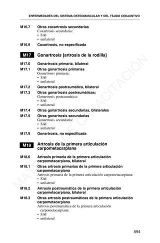 M16.7 Otras coxartrosis secundarias
Coxartrosis secundaria:
• SAI
• unilateral
M16.9 Coxartrosis, no especificada
M17 Gonartrosis [artrosis de la rodilla]
M17.0 Gonartrosis primaria, bilateral
M17.1 Otras gonartrosis primarias
Gonartrosis primaria:
• SAI
• unilateral
M17.2 Gonartrosis postraumática, bilateral
M17.3 Otras gonartrosis postraumáticas:
Gonartrosis postraumática:
• SAI
• unilateral
M17.4 Otras gonartrosis secundarias, bilaterales
M17.5 Otras gonartrosis secundarias
Gonartrosis secundaria:
• SAI
• unilateral
M17.9 Gonartrosis, no especificada
M18 Artrosis de la primera articulación
carpometacarpiana
M18.0 Artrosis primaria de la primera articulación
carpometacarpiana, bilateral
M18.1 Otras artrosis primarias de la primera articulación
carpometacarpiana
Artrosis primaria de la primera articulación carpometacarpiana:
• SAI
• unilateral
M18.2 Artrosis postraumática de la primera articulación
carpometacarpiana, bilateral
M18.3 Otras artrosis postraumáticas de la primera articulación
carpometacarpiana
Artrosis postraumática de la primera articulación
carpometacarpiana:
• SAI
• unilateral
ENFERMEDADES DEL SISTEMA OSTEOMUSCULAR Y DEL TEJIDO CONJUNTIVO
594
M
A
T
E
R
I
A
L
D
E
C
A
P
A
C
I
T
A
C
I
Ó
N
 