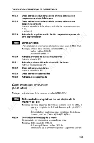 M18.4 Otras artrosis secundarias de la primera articulación
carpometacarpiana, bilaterales
M18.5 Otras artrosis secundarias de la primera articulación
carpometacarpiana
Artrosis secundaria de la primera articulación carpometacarpiana:
• SAI
• unilateral
M18.9 Artrosis de la primera articulación carpometacarpiana, sin
otra especificación
M19 Otras artrosis
[Para el código de sitio ver las subclasificaciones antes de M00–M25]
Excluye: artrosis de la columna vertebral (M47.–)
hallux rigidus (M20.2)
poliartrosis (M15.–)
M19.0 Artrosis primaria de otras articulaciones
Artrosis primaria SAI
M19.1 Artrosis postraumática de otras articulaciones
Artrosis postraumática SAI
M19.2 Otras artrosis secundarias
Artrosis secundaria SAI
M19.8 Otras artrosis especificadas
M19.9 Artrosis, no especificada
Otros trastornos articulares
(M20–M25)
Excluye: articulaciones de la columna vertebral (M40–M54)
M20 Deformidades adquiridas de los dedos de la
mano y del pie
Excluye: ausencia adquirida de dedos de la mano y del pie (Z89.–)
ausencia congénita de dedos de la mano y del pie (Q71.3,
Q72.3)
deformidades y malformaciones congénitas de dedos de
la mano y del pie (Q66.–, Q68–Q70, Q74.–)
M20.0 Deformidad de dedo(s) de la mano
Deformidades en boutonnière y en cuello de cisne
Excluye: dedo en gatillo (M65.3)
dedos en palillos de tambor (R68.3)
fibromatosis de la aponeurosis palmar [Dupuytren] (M72.0)
CLASIFICACIÓN INTERNACIONAL DE ENFERMEDADES
595
M
A
T
E
R
I
A
L
D
E
C
A
P
A
C
I
T
A
C
I
Ó
N
 