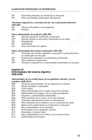 J82 Eosinofilia pulmonar, no clasificada en otra parte
J84 Otras enfermedades pulmonares intersticiales
Afecciones supurativas y necróticas de las vías respiratorias inferiores
(J85–J86)
J85 Absceso del pulmón y del mediastino
J86 Piotórax
Otras enfermedades de la pleura (J90–J94)
J90 Derrame pleural no clasificado en otra parte
J91* Derrame pleural en afecciones clasificadas en otra parte
J92 Paquipleuritis
J93 Neumotórax
J94 Otras afecciones de la pleura
Otras enfermedades del sistema respiratorio (J95–J99)
J95 Trastornos del sistema respiratorio consecutivos a procedimientos,
no clasificados en otra parte
J96 Insuficiencia respiratoria, no clasificada en otra parte
J98 Otros trastornos respiratorios
J99* Trastornos respiratorios en enfermedades clasificadas en otra parte
Capítulo XI
Enfermedades del sistema digestivo
(K00–K93)
Enfermedades de la cavidad bucal, de las glándulas salivales y de los
maxilares (K00–K14)
K00 Trastornos del desarrollo y de la erupción de los dientes
K01 Dientes incluidos e impactados
K02 Caries dental
K03 Otras enfermedades de los tejidos duros de los dientes
K04 Enfermedades de la pulpa y de los tejidos periapicales
K05 Gingivitis y enfermedades periodontales
K06 Otros trastornos de la encía y de la zona edéntula
K07 Anomalías dentofaciales [incluso la maloclusión]
K08 Otros trastornos de los dientes y de sus estructuras de sostén
K09 Quistes de la región bucal, no clasificados en otra parte
K10 Otras enfermedades de los maxilares
K11 Enfermedades de las glándulas salivales
K12 Estomatitis y lesiones afines
K13 Otras enfermedades de los labios y de la mucosa bucal
K14 Enfermedades de la lengua
CLASIFICACIÓN INTERNACIONAL DE ENFERMEDADES
56
M
A
T
E
R
I
A
L
D
E
C
A
P
A
C
I
T
A
C
I
Ó
N
 