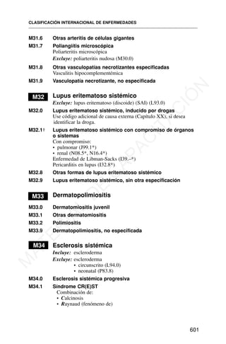M31.6 Otras arteritis de células gigantes
M31.7 Poliangiítis microscópica
Poliarteritis microscópica
Excluye: poliarteritis nudosa (M30.0)
M31.8 Otras vasculopatías necrotizantes especificadas
Vasculitis hipocomplementémica
M31.9 Vasculopatía necrotizante, no especificada
M32 Lupus eritematoso sistémico
Excluye: lupus eritematoso (discoide) (SAI) (L93.0)
M32.0 Lupus eritematoso sistémico, inducido por drogas
Use código adicional de causa externa (Capítulo XX), si desea
identificar la droga.
M32.1† Lupus eritematoso sistémico con compromiso de órganos
o sistemas
Con compromiso:
• pulmonar (J99.1*)
• renal (N08.5*, N16.4*)
Enfermedad de Libman-Sacks (I39.–*)
Pericarditis en lupus (I32.8*)
M32.8 Otras formas de lupus eritematoso sistémico
M32.9 Lupus eritematoso sistémico, sin otra especificación
M33 Dermatopolimiositis
M33.0 Dermatomiositis juvenil
M33.1 Otras dermatomiositis
M33.2 Polimiositis
M33.9 Dermatopolimiositis, no especificada
M34 Esclerosis sistémica
Incluye: escleroderma
Excluye: escleroderma
• circunscrito (L94.0)
• neonatal (P83.8)
M34.0 Esclerosis sistémica progresiva
M34.1 Síndrome CR(E)ST
Combinación de:
• Calcinosis
• Raynaud (fenómeno de)
CLASIFICACIÓN INTERNACIONAL DE ENFERMEDADES
601
M
A
T
E
R
I
A
L
D
E
C
A
P
A
C
I
T
A
C
I
Ó
N
 