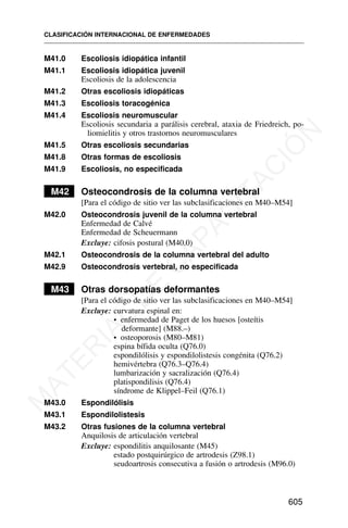 M41.0 Escoliosis idiopática infantil
M41.1 Escoliosis idiopática juvenil
Escoliosis de la adolescencia
M41.2 Otras escoliosis idiopáticas
M41.3 Escoliosis toracogénica
M41.4 Escoliosis neuromuscular
Escoliosis secundaria a parálisis cerebral, ataxia de Friedreich, po-
liomielitis y otros trastornos neuromusculares
M41.5 Otras escoliosis secundarias
M41.8 Otras formas de escoliosis
M41.9 Escoliosis, no especificada
M42 Osteocondrosis de la columna vertebral
[Para el código de sitio ver las subclasificaciones en M40–M54]
M42.0 Osteocondrosis juvenil de la columna vertebral
Enfermedad de Calvé
Enfermedad de Scheuermann
Excluye: cifosis postural (M40.0)
M42.1 Osteocondrosis de la columna vertebral del adulto
M42.9 Osteocondrosis vertebral, no especificada
M43 Otras dorsopatías deformantes
[Para el código de sitio ver las subclasificaciones en M40–M54]
Excluye: curvatura espinal en:
• enfermedad de Paget de los huesos [osteítis
deformante] (M88.–)
• osteoporosis (M80–M81)
espina bífida oculta (Q76.0)
espondilólisis y espondilolistesis congénita (Q76.2)
hemivértebra (Q76.3–Q76.4)
lumbarización y sacralización (Q76.4)
platispondilisis (Q76.4)
síndrome de Klippel–Feil (Q76.1)
M43.0 Espondilólisis
M43.1 Espondilolistesis
M43.2 Otras fusiones de la columna vertebral
Anquilosis de articulación vertebral
Excluye: espondilitis anquilosante (M45)
estado postquirúrgico de artrodesis (Z98.1)
seudoartrosis consecutiva a fusión o artrodesis (M96.0)
CLASIFICACIÓN INTERNACIONAL DE ENFERMEDADES
605
M
A
T
E
R
I
A
L
D
E
C
A
P
A
C
I
T
A
C
I
Ó
N
 