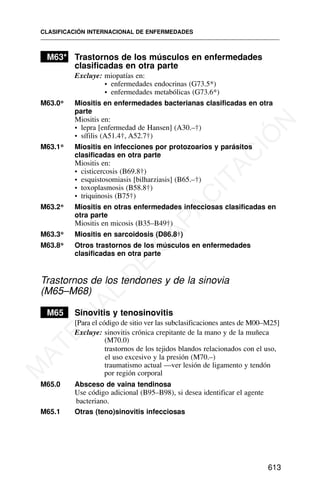 M63* Trastornos de los músculos en enfermedades
clasificadas en otra parte
Excluye: miopatías en:
• enfermedades endocrinas (G73.5*)
• enfermedades metabólicas (G73.6*)
M63.0* Miositis en enfermedades bacterianas clasificadas en otra
parte
Miositis en:
• lepra [enfermedad de Hansen] (A30.–†)
• sífilis (A51.4†, A52.7†)
M63.1* Miositis en infecciones por protozoarios y parásitos
clasificadas en otra parte
Miositis en:
• cisticercosis (B69.8†)
• esquistosomiasis [bilharziasis] (B65.–†)
• toxoplasmosis (B58.8†)
• triquinosis (B75†)
M63.2* Miositis en otras enfermedades infecciosas clasificadas en
otra parte
Miositis en micosis (B35–B49†)
M63.3* Miositis en sarcoidosis (D86.8†)
M63.8* Otros trastornos de los músculos en enfermedades
clasificadas en otra parte
Trastornos de los tendones y de la sinovia
(M65–M68)
M65 Sinovitis y tenosinovitis
[Para el código de sitio ver las subclasificaciones antes de M00–M25]
Excluye: sinovitis crónica crepitante de la mano y de la muñeca
(M70.0)
trastornos de los tejidos blandos relacionados con el uso,
el uso excesivo y la presión (M70.–)
traumatismo actual —ver lesión de ligamento y tendón
por región corporal
M65.0 Absceso de vaina tendinosa
Use código adicional (B95–B98), si desea identificar el agente
bacteriano.
M65.1 Otras (teno)sinovitis infecciosas
CLASIFICACIÓN INTERNACIONAL DE ENFERMEDADES
613
M
A
T
E
R
I
A
L
D
E
C
A
P
A
C
I
T
A
C
I
Ó
N
 