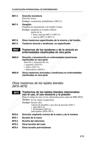 M67.3 Sinovitis transitoria
Sinovitis tóxica
Excluye: reumatismo palindrómico (M12.3)
M67.4 Ganglión
Ganglión de articulación o de tendón (vaina)
Excluye: ganglión en la buba (A66.6)
quiste de la:
• bolsa sinovial (M71.2–M71.3)
• sinovia (M71.2–M71.3)
M67.8 Otros trastornos especificados de la sinovia y del tendón
M67.9 Trastorno sinovial y tendinoso, no especificado
M68* Trastornos de los tendones y de la sinovia en
enfermedades clasificadas en otra parte
M68.0* Sinovitis y tenosinovitis en enfermedades bacterianas
clasificadas en otra parte
Sinovitis y tenosinovitis en:
• gonorrea (A54.4†)
• sífilis (A52.7†)
• tuberculosis (Al8.0†)
M68.8* Otros trastornos sinoviales y tendinosos en enfermedades
clasificadas en otra parte
Otros trastornos de los tejidos blandos
(M70–M79)
M70 Trastornos de los tejidos blandos relacionados
con el uso, el uso excesivo y la presión
[Para el código de sitio ver las subclasificaciones antes de M00–M25]
Incluye: los de origen ocupacional
Excluye: bursitis (de):
• SAI (M71.9)
• del hombro (M75.5)
entesopatías (M76–M77)
M70.0 Sinovitis crepitante crónica de la mano y de la muñeca
M70.1 Bursitis de la mano
M70.2 Bursitis del olécranon
M70.3 Otras bursitis del codo
M70.4 Otras bursitis prerrotulianas
CLASIFICACIÓN INTERNACIONAL DE ENFERMEDADES
615
• úlcera de decúbito y por área de presión (L89.-)
M
A
T
E
R
I
A
L
D
E
C
A
P
A
C
I
T
A
C
I
Ó
N
 