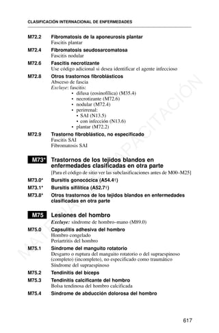 CLASIFICACIÓN INTERNACIONAL DE ENFERMEDADES
617
M72.2 Fibromatosis de la aponeurosis plantar
Fascitis plantar
M72.4 Fibromatosis seudosarcomatosa
Fascitis nodular
M72.6 Fascitis necrotizante
Use código adicional si desea identificar el agente infeccioso
M72.8 Otros trastornos fibroblásticos
Absceso de fascia
Excluye: fascitis:
• difusa (eosinofílica) (M35.4)
• necrotizante (M72.6)
• nodular (M72.4)
• perirrenal:
• SAI (N13.5)
• con infección (N13.6)
• plantar (M72.2)
M72.9 Trastorno fibroblástico, no especificado
Fascitis SAI
Fibromatosis SAI
M73* Trastornos de los tejidos blandos en
enfermedades clasificadas en otra parte
[Para el código de sitio ver las subclasificaciones antes de M00–M25]
M73.0* Bursitis gonocócica (A54.4†)
M73.1* Bursitis sifilítica (A52.7†)
M73.8* Otros trastornos de los tejidos blandos en enfermedades
clasificadas en otra parte
M75 Lesiones del hombro
Excluye: síndrome de hombro–mano (M89.0)
M75.0 Capsulitis adhesiva del hombro
Hombro congelado
Periartritis del hombro
M75.1 Síndrome del manguito rotatorio
Desgarro o ruptura del manguito rotatorio o del supraespinoso
(completo) (incompleto), no especificado como traumático
Síndrome del supraespinoso
M75.2 Tendinitis del bíceps
M75.3 Tendinitis calcificante del hombro
Bolsa tendinosa del hombro calcificada
M75.4 Síndrome de abducción dolorosa del hombro
M
A
T
E
R
I
A
L
D
E
C
A
P
A
C
I
T
A
C
I
Ó
N
 