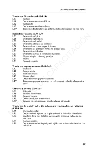 Trastornos flictenulares (L10–L14)
L10 Pénfigo
L11 Otros trastornos acantolíticos
L12 Penfigoide
L13 Otros trastornos flictenulares
L14* Trastornos flictenulares en enfermedades clasificadas en otra parte
Dermatitis y eczema (L20–L30)
L20 Dermatitis atópica
L21 Dermatitis seborreica
L22 Dermatitis del pañal
L23 Dermatitis alérgica de contacto
L24 Dermatitis de contacto por irritantes
L25 Dermatitis de contacto, forma no especificada
L26 Dermatitis exfoliativa
L27 Dermatitis debida a sustancias ingeridas
L28 Liquen simple crónico y prurigo
L29 Prurito
L30 Otras dermatitis
Trastornos papuloescamosos (L40–L45)
L40 Psoriasis
L41 Parapsoriasis
L42 Pitiriasis rosada
L43 Liquen plano
L44 Otros trastornos papuloescamosos
L45* Trastornos papuloescamosos en enfermedades clasificadas en otra
parte
Urticaria y eritema (L50–L54)
L50 Urticaria
L51 Eritema multiforme
L52 Eritema nudoso
L53 Otras afecciones eritematosas
L54* Eritema en enfermedades clasificadas en otra parte
Trastornos de la piel y del tejido subcutáneo relacionados con radiación
(L55–L59)
L55 Quemadura solar
L56 Otros cambios agudos de la piel debidos a radiación ultravioleta
L57 Cambios de la piel debidos a exposición crónica a radiación no
ionizante
L58 Radiodermatitis
L59 Otros trastornos de la piel y del tejido subcutáneo relacionados con
radiación
LISTA DE TRES CARACTERES
59
M
A
T
E
R
I
A
L
D
E
C
A
P
A
C
I
T
A
C
I
Ó
N
 