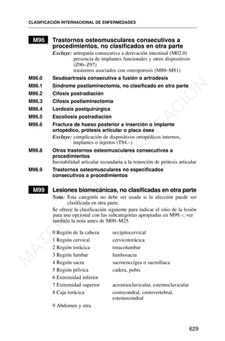M96 Trastornos osteomusculares consecutivos a
procedimientos, no clasificados en otra parte
Excluye: artropatía consecutiva a derivación intestinal (M02.0)
presencia de implantes funcionales y otros dispositivos
(Z96–Z97)
trastornos asociados con osteoporosis (M80–M81)
M96.0 Seudoartrosis consecutiva a fusión o artrodesis
M96.1 Síndrome postlaminectomía, no clasificado en otra parte
M96.2 Cifosis postradiación
M96.3 Cifosis postlaminectomía
M96.4 Lordosis postquirúrgica
M96.5 Escoliosis postradiación
M96.6 Fractura de hueso posterior a inserción o implante
ortopédico, prótesis articular o placa ósea
Excluye: complicación de dispositivos ortopédicos internos,
implantes o injertos (T84.–)
M96.8 Otros trastornos osteomusculares consecutivos a
procedimientos
Inestabilidad articular secundaria a la remoción de prótesis articular
M96.9 Trastornos osteomusculares no especificados
consecutivos a procedimientos
M99 Lesiones biomecánicas, no clasificadas en otra parte
Nota: Esta categoría no debe ser usada si la afección puede ser
clasificada en otra parte.
Se ofrece la clasificación siguiente para indicar el sitio de la lesión
para uso opcional con las subcategorías apropiadas en M99.–; ver
también la nota antes de M00–M25.
0 Región de la cabeza occipitocervical
1 Región cervical cervicotorácica
2 Región torácica toracolumbar
3 Región lumbar lumbosacra
4 Región sacra sacrococcígea o sacroiliaca
5 Región pélvica cadera, pubis
6 Extremidad inferior
7 Extremidad superior acromioclavicular, esternoclavicular
8 Caja torácica costocondral, costovertebral,
esternocondral
9 Abdomen y otra
CLASIFICACIÓN INTERNACIONAL DE ENFERMEDADES
629
M
A
T
E
R
I
A
L
D
E
C
A
P
A
C
I
T
A
C
I
Ó
N
 
