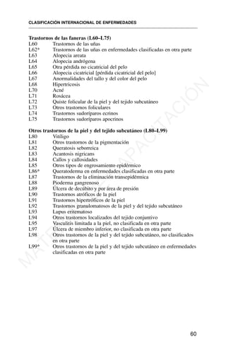 Trastornos de las faneras (L60–L75)
L60 Trastornos de las uñas
L62* Trastornos de las uñas en enfermedades clasificadas en otra parte
L63 Alopecia areata
L64 Alopecia andrógena
L65 Otra pérdida no cicatricial del pelo
L66 Alopecia cicatricial [pérdida cicatricial del pelo]
L67 Anormalidades del tallo y del color del pelo
L68 Hipertricosis
L70 Acné
L71 Rosácea
L72 Quiste folicular de la piel y del tejido subcutáneo
L73 Otros trastornos foliculares
L74 Trastornos sudoríparos ecrinos
L75 Trastornos sudoríparos apocrinos
Otros trastornos de la piel y del tejido subcutáneo (L80–L99)
L80 Vitíligo
L81 Otros trastornos de la pigmentación
L82 Queratosis seborreica
L83 Acantosis nigricans
L84 Callos y callosidades
L85 Otros tipos de engrosamiento epidérmico
L86* Queratoderma en enfermedades clasificadas en otra parte
L87 Trastornos de la eliminación transepidérmica
L88 Pioderma gangrenoso
L89 Úlcera de decúbito y por área de presión
L90 Trastornos atróficos de la piel
L91 Trastornos hipertróficos de la piel
L92 Trastornos granulomatosos de la piel y del tejido subcutáneo
L93 Lupus eritematoso
L94 Otros trastornos localizados del tejido conjuntivo
L95 Vasculitis limitada a la piel, no clasificada en otra parte
L97 Úlcera de miembro inferior, no clasificada en otra parte
L98 Otros trastornos de la piel y del tejido subcutáneo, no clasificados
en otra parte
L99* Otros trastornos de la piel y del tejido subcutáneo en enfermedades
clasificadas en otra parte
CLASIFICACIÓN INTERNACIONAL DE ENFERMEDADES
60
M
A
T
E
R
I
A
L
D
E
C
A
P
A
C
I
T
A
C
I
Ó
N
 