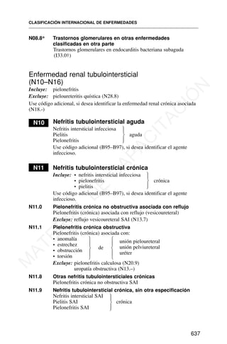 N08.8* Trastornos glomerulares en otras enfermedades
clasificadas en otra parte
Trastornos glomerulares en endocarditis bacteriana subaguda
(I33.0†)
Enfermedad renal tubulointersticial
(N10–N16)
Incluye: pielonefritis
Excluye: pieloureteritis quística (N28.8)
N10 Nefritis tubulointersticial aguda
Nefritis intersticial infecciosa
Pielitis aguda
Pielonefritis
Use código adicional (B95–B97), si desea identificar el agente
infeccioso.
N11 Nefritis tubulointersticial crónica
Incluye: • nefritis intersticial infecciosa
• pielonefritis crónica
• pielitis
Use código adicional (B95–B97), si desea identificar el agente
infeccioso.
N11.0 Pielonefritis crónica no obstructiva asociada con reflujo
Pielonefritis (crónica) asociada con reflujo (vesicoureteral)
Excluye: reflujo vesicoureteral SAI (N13.7)
N11.1 Pielonefritis crónica obstructiva
Pielonefritis (crónica) asociada con:
• anomalía unión pieloureteral
• estrechez
de unión pelviureteral
• obstrucción uréter
• torsión
Excluye: pielonefritis calculosa (N20.9)
uropatía obstructiva (N13.–)
N11.8 Otras nefritis tubulointersticiales crónicas
Pielonefritis crónica no obstructiva SAI
N11.9 Nefritis tubulointersticial crónica, sin otra especificación
Nefritis intersticial SAI
Pielitis SAI crónica
Pielonefritis SAI
CLASIFICACIÓN INTERNACIONAL DE ENFERMEDADES
637
⎫
⎪
⎬
⎪
⎭
⎫
⎪
⎬
⎪
⎭
⎫
⎪
⎬
⎪
⎭
⎫
⎪
⎬
⎪
⎭
⎫
⎪
⎬
⎪
⎭
Use código adicional, si desea identificar la enfermedad renal crónica asociada
(N18.-)
M
A
T
E
R
I
A
L
D
E
C
A
P
A
C
I
T
A
C
I
Ó
N
 