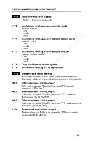 N17 Insuficiencia renal aguda
N17.0 Insuficiencia renal aguda con necrosis tubular
Necrosis tubular:
• SAI
• aguda
• renal
N17.1 Insuficiencia renal aguda con necrosis cortical aguda
Necrosis cortical:
• SAI
• aguda
• renal
N17.2 Insuficiencia renal aguda con necrosis medular
Necrosis medular [papilar]:
• SAI
• aguda
• renal
N17.8 Otras insuficiencias renales agudas
N17.9 Insuficiencia renal aguda, no especificada
N18 Enfermedad renal crónica
N18.1 Enfermedad renal crónica, etapa 1
CLASIFICACIÓN INTERNACIONAL DE ENFERMEDADES
641
Incluye: deficiencia renal aguda
Use código adicional, si desea identificar la enfermedad básica
Use código adicional, si desea identificar lapresencia de hipertensión
Daño renal con tasa de filtración glomerular (TFG) normal o
_
aumentada (>90mL/min)
N18.2 Enfermedad renal crónica, etapa 2
Daño renal con tasa de filtración glomerular (TFG) levemente
disminuidada (60-89 mL/min)
N18.3 Enfermedad renal crónica, etapa 3
Daño renal con tasa de filtración glomerular (TFG) moderadamnente
disminuida (
N18.4 Enfermedad renal crónica, etapa 4
Daño renal con tasa de filtración glomerular (TFG) severamente
disminuida (15-29 mL/min)
30-59 mL/min)
M
A
T
E
R
I
A
L
D
E
C
A
P
A
C
I
T
A
C
I
Ó
N
 
