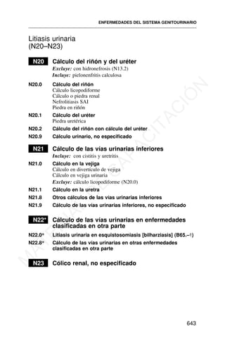 Litiasis urinaria
(N20–N23)
N20 Cálculo del riñón y del uréter
Excluye: con hidronefrosis (N13.2)
N20.0 Cálculo del riñón
Cálculo licopodiforme
Cálculo o piedra renal
Nefrolitiasis SAI
Piedra en riñón
N20.1 Cálculo del uréter
Piedra uretérica
N20.2 Cálculo del riñón con cálculo del uréter
N20.9 Cálculo urinario, no especificado
N21 Cálculo de las vías urinarias inferiores
Incluye: con cistitis y uretritis
N21.0 Cálculo en la vejiga
Cálculo en divertículo de vejiga
Cálculo en vejiga urinaria
Excluye: cálculo licopodiforme (N20.0)
N21.1 Cálculo en la uretra
N21.8 Otros cálculos de las vías urinarias inferiores
N21.9 Cálculo de las vías urinarias inferiores, no especificado
N22* Cálculo de las vías urinarias en enfermedades
clasificadas en otra parte
N22.0* Litiasis urinaria en esquistosomiasis [bilharziasis] (B65.–†)
N22.8* Cálculo de las vías urinarias en otras enfermedades
clasificadas en otra parte
N23 Cólico renal, no especificado
ENFERMEDADES DEL SISTEMA GENITOURINARIO
643
Incluye: pielonenfritis calculosa
M
A
T
E
R
I
A
L
D
E
C
A
P
A
C
I
T
A
C
I
Ó
N
 