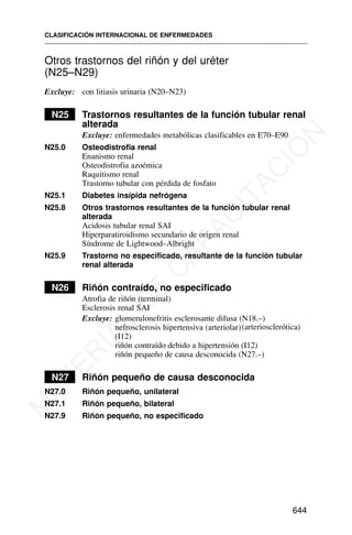 Otros trastornos del riñón y del uréter
(N25–N29)
Excluye: con litiasis urinaria (N20–N23)
N25 Trastornos resultantes de la función tubular renal
alterada
Excluye: enfermedades metabólicas clasificables en E70–E90
N25.0 Osteodistrofia renal
Enanismo renal
Osteodistrofia azoémica
Raquitismo renal
Trastorno tubular con pérdida de fosfato
N25.1 Diabetes insípida nefrógena
N25.8 Otros trastornos resultantes de la función tubular renal
alterada
Acidosis tubular renal SAI
Hiperparatiroidismo secundario de origen renal
Síndrome de Lightwood–Albright
N25.9 Trastorno no especificado, resultante de la función tubular
renal alterada
N26 Riñón contraído, no especificado
Atrofia de riñón (terminal)
Esclerosis renal SAI
Excluye: glomerulonefritis esclerosante difusa (N18.–)
nefrosclerosis hipertensiva (arteriolar)(arteriosclerótica)
riñón contraído debido a hipertensión (I12)
riñón pequeño de causa desconocida (N27.–)
N27 Riñón pequeño de causa desconocida
N27.0 Riñón pequeño, unilateral
N27.1 Riñón pequeño, bilateral
N27.9 Riñón pequeño, no especificado
CLASIFICACIÓN INTERNACIONAL DE ENFERMEDADES
644
(I12)
M
A
T
E
R
I
A
L
D
E
C
A
P
A
C
I
T
A
C
I
Ó
N
 