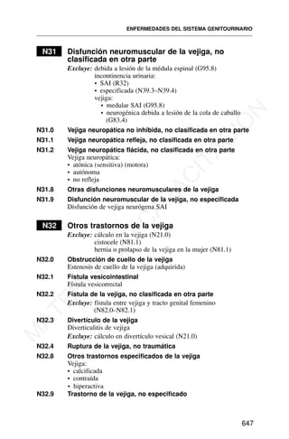 N31 Disfunción neuromuscular de la vejiga, no
clasificada en otra parte
Excluye: debida a lesión de la médula espinal (G95.8)
incontinencia urinaria:
• SAI (R32)
• especificada (N39.3–N39.4)
vejiga:
• medular SAI (G95.8)
• neurogénica debida a lesión de la cola de caballo
(G83.4)
N31.0 Vejiga neuropática no inhibida, no clasificada en otra parte
N31.1 Vejiga neuropática refleja, no clasificada en otra parte
N31.2 Vejiga neuropática flácida, no clasificada en otra parte
Vejiga neuropática:
• atónica (sensitiva) (motora)
• autónoma
• no refleja
N31.8 Otras disfunciones neuromusculares de la vejiga
N31.9 Disfunción neuromuscular de la vejiga, no especificada
Disfunción de vejiga neurógena SAI
N32 Otros trastornos de la vejiga
Excluye: cálculo en la vejiga (N21.0)
cistocele (N81.1)
hernia o prolapso de la vejiga en la mujer (N81.1)
N32.0 Obstrucción de cuello de la vejiga
Estenosis de cuello de la vejiga (adquirida)
N32.1 Fístula vesicointestinal
Fístula vesicorrectal
N32.2 Fístula de la vejiga, no clasificada en otra parte
Excluye: fístula entre vejiga y tracto genital femenino
(N82.0–N82.1)
N32.3 Divertículo de la vejiga
Diverticulitis de vejiga
Excluye: cálculo en divertículo vesical (N21.0)
N32.4 Ruptura de la vejiga, no traumática
N32.8 Otros trastornos especificados de la vejiga
Vejiga:
• calcificada
• contraída
N32.9 Trastorno de la vejiga, no especificado
ENFERMEDADES DEL SISTEMA GENITOURINARIO
647
• hiperactiva
M
A
T
E
R
I
A
L
D
E
C
A
P
A
C
I
T
A
C
I
Ó
N
 