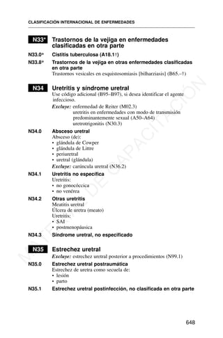 N33* Trastornos de la vejiga en enfermedades
clasificadas en otra parte
N33.0* Cistitis tuberculosa (A18.1†)
N33.8* Trastornos de la vejiga en otras enfermedades clasificadas
en otra parte
Trastornos vesicales en esquistosomiasis [bilharziasis] (B65.–†)
N34 Uretritis y síndrome uretral
Use código adicional (B95–B97), si desea identificar el agente
infeccioso.
Excluye: enfermedad de Reiter (M02.3)
uretritis en enfermedades con modo de transmisión
predominantemente sexual (A50–A64)
uretrotrigonitis (N30.3)
N34.0 Absceso uretral
Absceso (de):
• glándula de Cowper
• glándula de Littre
• periuretral
• uretral (glándula)
Excluye: carúncula uretral (N36.2)
N34.1 Uretritis no específica
Uretritis:
• no gonocóccica
• no venérea
N34.2 Otras uretritis
Meatitis uretral
Úlcera de uretra (meato)
Uretritis:
• SAI
• postmenopáusica
N34.3 Síndrome uretral, no especificado
N35 Estrechez uretral
Excluye: estrechez uretral posterior a procedimientos (N99.1)
N35.0 Estrechez uretral postraumática
Estrechez de uretra como secuela de:
• lesión
• parto
N35.1 Estrechez uretral postinfección, no clasificada en otra parte
CLASIFICACIÓN INTERNACIONAL DE ENFERMEDADES
648
M
A
T
E
R
I
A
L
D
E
C
A
P
A
C
I
T
A
C
I
Ó
N
 