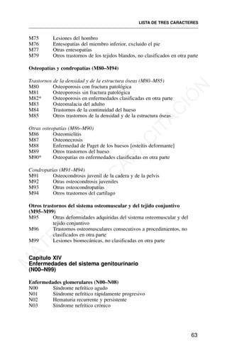 M75 Lesiones del hombro
M76 Entesopatías del miembro inferior, excluido el pie
M77 Otras entesopatías
M79 Otros trastornos de los tejidos blandos, no clasificados en otra parte
Osteopatías y condropatías (M80–M94)
Trastornos de la densidad y de la estructura óseas (M80–M85)
M80 Osteoporosis con fractura patológica
M81 Osteoporosis sin fractura patológica
M82* Osteoporosis en enfermedades clasificadas en otra parte
M83 Osteomalacia del adulto
M84 Trastornos de la continuidad del hueso
M85 Otros trastornos de la densidad y de la estructura óseas
Otras osteopatías (M86–M90)
M86 Osteomielitis
M87 Osteonecrosis
M88 Enfermedad de Paget de los huesos [osteítis deformante]
M89 Otros trastornos del hueso
M90* Osteopatías en enfermedades clasificadas en otra parte
Condropatías (M91–M94)
M91 Osteocondrosis juvenil de la cadera y de la pelvis
M92 Otras osteocondrosis juveniles
M93 Otras osteocondropatías
M94 Otros trastornos del cartílago
Otros trastornos del sistema osteomuscular y del tejido conjuntivo
(M95–M99)
M95 Otras deformidades adquiridas del sistema osteomuscular y del
tejido conjuntivo
M96 Trastornos osteomusculares consecutivos a procedimientos, no
clasificados en otra parte
M99 Lesiones biomecánicas, no clasificadas en otra parte
Capítulo XIV
Enfermedades del sistema genitourinario
(N00–N99)
Enfermedades glomerulares (N00–N08)
N00 Síndrome nefrítico agudo
N01 Síndrome nefrítico rápidamente progresivo
N02 Hematuria recurrente y persistente
N03 Síndrome nefrítico crónico
LISTA DE TRES CARACTERES
63
M
A
T
E
R
I
A
L
D
E
C
A
P
A
C
I
T
A
C
I
Ó
N
 