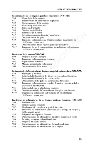 Enfermedades de los órganos genitales masculinos (N40–N51)
N40 Hiperplasia de la próstata
N41 Enfermedades inflamatorias de la próstata
N42 Otros trastornos de la próstata
N43 Hidrocele y espermatocele
N44 Torsión del testículo
N45 Orquitis y epididimitis
N46 Esterilidad en el varón
N47 Prepucio redundante, fimosis y parafimosis
N48 Otros trastornos del pene
N49 Trastornos inflamatorios de órganos genitales masculinos, no
clasificados en otra parte
N50 Otros trastornos de los órganos genitales masculinos
N51* Trastornos de los órganos genitales masculinos en enfermedades
clasificadas en otra parte
Trastornos de la mama (N60–N64)
N60 Displasia mamaria benigna
N61 Trastornos inflamatorios de la mama
N62 Hipertrofia de la mama
N63 Masa no especificada en la mama
N64 Otros trastornos de la mama
Enfermedades inflamatorias de los órganos pélvicos femeninos (N70–N77)
N70 Salpingitis y ooforitis
N71 Enfermedad inflamatoria del útero, excepto del cuello uterino
N72 Enfermedad inflamatoria del cuello uterino
N73 Otras enfermedades pélvicas inflamatorias femeninas
N74* Trastornos inflamatorios de la pelvis femenina en enfermedades
clasificadas en otra parte
N75 Enfermedades de la glándula de Bartholin
N76 Otras enfermedades inflamatorias de la vagina y de la vulva
N77* Ulceración e inflamación vulvovaginal en enfermedades
clasificadas en otra parte
Trastornos no inflamatorios de los órganos genitales femeninos (N80–N98)
N80 Endometriosis
N81 Prolapso genital femenino
N82 Fístulas que afectan el tracto genital femenino
N83 Trastornos no inflamatorios del ovario, de la trompa de Falopio y
del ligamento ancho
N84 Pólipo del tracto genital femenino
N85 Otros trastornos no inflamatorios del útero, excepto del cuello
N86 Erosión y ectropión del cuello del útero
N87 Displasia del cuello uterino
N88 Otros trastornos no inflamatorios del cuello del útero
N89 Otros trastornos no inflamatorios de la vagina
LISTA DE TRES CARACTERES
65
M
A
T
E
R
I
A
L
D
E
C
A
P
A
C
I
T
A
C
I
Ó
N
 