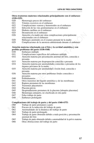 Otros trastornos maternos relacionados principalmente con el embarazo
(O20–O29)
O20 Hemorragia precoz del embarazo
O21 Vómitos excesivos en el embarazo
O22 Complicaciones venosas y hemorroides en el embarazo
O23 Infección de las vías genitourinarias en el embarazo
O24 Diabetes mellitus en el embarazo
O25 Desnutrición en el embarazo
O26 Atención a la madre por otras complicaciones principalmente
relacionadas con el embarazo
O28 Hallazgos anormales en el examen prenatal de la madre
O29 Complicaciones de la anestesia administrada durante el embarazo
Atención materna relacionada con el feto y la cavidad amniótica y con
posibles problemas del parto (O30–O48)
O30 Embarazo múltiple
O31 Complicaciones específicas del embarazo múltiple
O32 Atención materna por presentación anormal del feto, conocida o
presunta
O33 Atención materna por desproporción conocida o presunta
O34 Atención materna por anormalidades conocidas o presuntas de los
órganos pelvianos de la madre
O35 Atención materna por anormalidad o lesión fetal, conocida o
presunta
O36 Atención materna por otros problemas fetales conocidos o
presuntos
O40 Polihidramnios
O41 Otros trastornos del líquido amniótico y de las membranas
O42 Ruptura prematura de las membranas
O43 Trastornos placentarios
O44 Placenta previa
O45 Desprendimiento prematuro de la placenta [abruptio placentae]
O46 Hemorragia anteparto, no clasificada en otra parte
O47 Falso trabajo de parto
O48 Embarazo prolongado
Complicaciones del trabajo de parto y del parto (O60–O75)
O60 Trabajo de parto prematuro y parto
O61 Fracaso de la inducción del trabajo de parto
O62 Anormalidades de la dinámica del trabajo de parto
O63 Trabajo de parto prolongado
O64 Trabajo de parto obstruido debido a mala posición y presentación
anormal del feto
O65 Trabajo de parto obstruido debido a anormalidad de la pelvis materna
O66 Otras obstrucciones del trabajo de parto
LISTA DE TRES CARACTERES
67
M
A
T
E
R
I
A
L
D
E
C
A
P
A
C
I
T
A
C
I
Ó
N
 