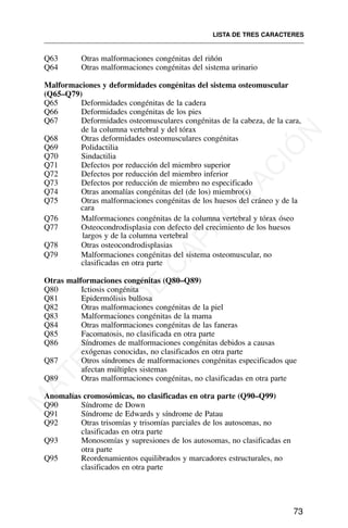 Q63 Otras malformaciones congénitas del riñón
Q64 Otras malformaciones congénitas del sistema urinario
Malformaciones y deformidades congénitas del sistema osteomuscular
(Q65–Q79)
Q65 Deformidades congénitas de la cadera
Q66 Deformidades congénitas de los pies
Q67 Deformidades osteomusculares congénitas de la cabeza, de la cara,
de la columna vertebral y del tórax
Q68 Otras deformidades osteomusculares congénitas
Q69 Polidactilia
Q70 Sindactilia
Q71 Defectos por reducción del miembro superior
Q72 Defectos por reducción del miembro inferior
Q73 Defectos por reducción de miembro no especificado
Q74 Otras anomalías congénitas del (de los) miembro(s)
Q75 Otras malformaciones congénitas de los huesos del cráneo y de la
cara
Q76 Malformaciones congénitas de la columna vertebral y tórax óseo
Q77 Osteocondrodisplasia con defecto del crecimiento de los huesos
largos y de la columna vertebral
Q78 Otras osteocondrodisplasias
Q79 Malformaciones congénitas del sistema osteomuscular, no
clasificadas en otra parte
Otras malformaciones congénitas (Q80–Q89)
Q80 Ictiosis congénita
Q81 Epidermólisis bullosa
Q82 Otras malformaciones congénitas de la piel
Q83 Malformaciones congénitas de la mama
Q84 Otras malformaciones congénitas de las faneras
Q85 Facomatosis, no clasificada en otra parte
Q86 Síndromes de malformaciones congénitas debidos a causas
exógenas conocidas, no clasificados en otra parte
Q87 Otros síndromes de malformaciones congénitas especificados que
afectan múltiples sistemas
Q89 Otras malformaciones congénitas, no clasificadas en otra parte
Anomalías cromosómicas, no clasificadas en otra parte (Q90–Q99)
Q90 Síndrome de Down
Q91 Síndrome de Edwards y síndrome de Patau
Q92 Otras trisomías y trisomías parciales de los autosomas, no
clasificadas en otra parte
Q93 Monosomías y supresiones de los autosomas, no clasificadas en
otra parte
Q95 Reordenamientos equilibrados y marcadores estructurales, no
clasificados en otra parte
LISTA DE TRES CARACTERES
73
M
A
T
E
R
I
A
L
D
E
C
A
P
A
C
I
T
A
C
I
Ó
N
 