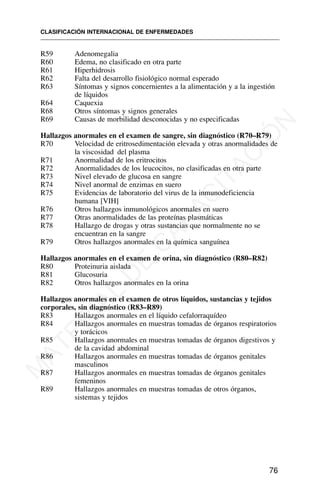 R59 Adenomegalia
R60 Edema, no clasificado en otra parte
R61 Hiperhidrosis
R62 Falta del desarrollo fisiológico normal esperado
R63 Síntomas y signos concernientes a la alimentación y a la ingestión
de líquidos
R64 Caquexia
R68 Otros síntomas y signos generales
R69 Causas de morbilidad desconocidas y no especificadas
Hallazgos anormales en el examen de sangre, sin diagnóstico (R70–R79)
R70 Velocidad de eritrosedimentación elevada y otras anormalidades de
la viscosidad del plasma
R71 Anormalidad de los eritrocitos
R72 Anormalidades de los leucocitos, no clasificadas en otra parte
R73 Nivel elevado de glucosa en sangre
R74 Nivel anormal de enzimas en suero
R75 Evidencias de laboratorio del virus de la inmunodeficiencia
humana [VIH]
R76 Otros hallazgos inmunológicos anormales en suero
R77 Otras anormalidades de las proteínas plasmáticas
R78 Hallazgo de drogas y otras sustancias que normalmente no se
encuentran en la sangre
R79 Otros hallazgos anormales en la química sanguínea
Hallazgos anormales en el examen de orina, sin diagnóstico (R80–R82)
R80 Proteinuria aislada
R81 Glucosuria
R82 Otros hallazgos anormales en la orina
Hallazgos anormales en el examen de otros líquidos, sustancias y tejidos
corporales, sin diagnóstico (R83–R89)
R83 Hallazgos anormales en el líquido cefalorraquídeo
R84 Hallazgos anormales en muestras tomadas de órganos respiratorios
y torácicos
R85 Hallazgos anormales en muestras tomadas de órganos digestivos y
de la cavidad abdominal
R86 Hallazgos anormales en muestras tomadas de órganos genitales
masculinos
R87 Hallazgos anormales en muestras tomadas de órganos genitales
femeninos
R89 Hallazgos anormales en muestras tomadas de otros órganos,
sistemas y tejidos
CLASIFICACIÓN INTERNACIONAL DE ENFERMEDADES
76
M
A
T
E
R
I
A
L
D
E
C
A
P
A
C
I
T
A
C
I
Ó
N
 