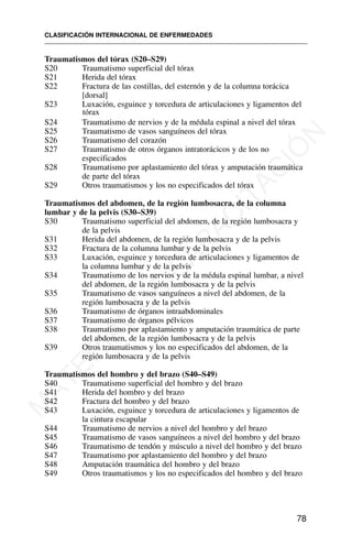 Traumatismos del tórax (S20–S29)
S20 Traumatismo superficial del tórax
S21 Herida del tórax
S22 Fractura de las costillas, del esternón y de la columna torácica
[dorsal]
S23 Luxación, esguince y torcedura de articulaciones y ligamentos del
tórax
S24 Traumatismo de nervios y de la médula espinal a nivel del tórax
S25 Traumatismo de vasos sanguíneos del tórax
S26 Traumatismo del corazón
S27 Traumatismo de otros órganos intratorácicos y de los no
especificados
S28 Traumatismo por aplastamiento del tórax y amputación traumática
de parte del tórax
S29 Otros traumatismos y los no especificados del tórax
Traumatismos del abdomen, de la región lumbosacra, de la columna
lumbar y de la pelvis (S30–S39)
S30 Traumatismo superficial del abdomen, de la región lumbosacra y
de la pelvis
S31 Herida del abdomen, de la región lumbosacra y de la pelvis
S32 Fractura de la columna lumbar y de la pelvis
S33 Luxación, esguince y torcedura de articulaciones y ligamentos de
la columna lumbar y de la pelvis
S34 Traumatismo de los nervios y de la médula espinal lumbar, a nivel
del abdomen, de la región lumbosacra y de la pelvis
S35 Traumatismo de vasos sanguíneos a nivel del abdomen, de la
región lumbosacra y de la pelvis
S36 Traumatismo de órganos intraabdominales
S37 Traumatismo de órganos pélvicos
S38 Traumatismo por aplastamiento y amputación traumática de parte
del abdomen, de la región lumbosacra y de la pelvis
S39 Otros traumatismos y los no especificados del abdomen, de la
región lumbosacra y de la pelvis
Traumatismos del hombro y del brazo (S40–S49)
S40 Traumatismo superficial del hombro y del brazo
S41 Herida del hombro y del brazo
S42 Fractura del hombro y del brazo
S43 Luxación, esguince y torcedura de articulaciones y ligamentos de
la cintura escapular
S44 Traumatismo de nervios a nivel del hombro y del brazo
S45 Traumatismo de vasos sanguíneos a nivel del hombro y del brazo
S46 Traumatismo de tendón y músculo a nivel del hombro y del brazo
S47 Traumatismo por aplastamiento del hombro y del brazo
S48 Amputación traumática del hombro y del brazo
S49 Otros traumatismos y los no especificados del hombro y del brazo
CLASIFICACIÓN INTERNACIONAL DE ENFERMEDADES
78
M
A
T
E
R
I
A
L
D
E
C
A
P
A
C
I
T
A
C
I
Ó
N
 