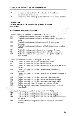 T97 Secuelas de efectos tóxicos de sustancias de procedencia
principalmente no medicinal
T98 Secuelas de otros efectos y los no especificados de causas externas
Capítulo XX
Causas externas de morbilidad y de mortalidad
(V01–Y98)
Accidentes de transporte (V01–V99)
Peatón lesionado en accidente de transporte (V01–V09)
V01 Peatón lesionado por colisión con vehículo de pedal
V02 Peatón lesionado por colisión con vehículo de motor de dos o tres
ruedas
V03 Peatón lesionado por colisión con automóvil, camioneta o
furgoneta
V04 Peatón lesionado por colisión con vehículo de transporte pesado o
autobús
V05 Peatón lesionado por colisión con tren o vehículo de rieles
V06 Peatón lesionado por colisión con otros vehículos sin motor
V09 Peatón lesionado en otros accidentes de transporte, y en los no
especificados
Ciclista lesionado en accidente de transporte (V10–V19)
V10 Ciclista lesionado por colisión con peatón o animal
V11 Ciclista lesionado por colisión con otro ciclista
V12 Ciclista lesionado por colisión con vehículo de motor de dos o tres
ruedas
V13 Ciclista lesionado por colisión con automóvil, camioneta o
furgoneta
V14 Ciclista lesionado por colisión con vehículo de transporte pesado o
autobús
V15 Ciclista lesionado por colisión con tren o vehículo de rieles
V16 Ciclista lesionado por colisión con otros vehículos sin motor
V17 Ciclista lesionado por colisión con objeto estacionado o fijo
V18 Ciclista lesionado en accidente de transporte sin colisión
V19 Ciclista lesionado en otros accidentes de transporte, y en los no
especificados
Motociclista lesionado en accidente de transporte (V20–V29)
V20 Motociclista lesionado por colisión con peatón o animal
V21 Motociclista lesionado por colisión con vehículo de pedal
V22 Motociclista lesionado por colisión con vehículo de motor de dos o
tres ruedas
V23 Motociclista lesionado por colisión con automóvil, camioneta o
furgoneta
CLASIFICACIÓN INTERNACIONAL DE ENFERMEDADES
84
M
A
T
E
R
I
A
L
D
E
C
A
P
A
C
I
T
A
C
I
Ó
N
 