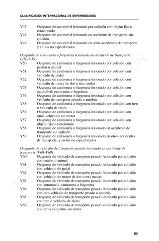 V47 Ocupante de automóvil lesionado por colisión con objeto fijo o
estacionado
V48 Ocupante de automóvil lesionado en accidente de transporte sin
colisión
V49 Ocupante de automóvil lesionado en otros accidentes de transporte,
y en los no especificados
Ocupante de camioneta o furgoneta lesionado en accidente de transporte
(V50–V59)
V50 Ocupante de camioneta o furgoneta lesionado por colisión con
peatón o animal
V51 Ocupante de camioneta o furgoneta lesionado por colisión con
vehículo de pedal
V52 Ocupante de camioneta o furgoneta lesionado por colisión con
vehículo de motor de dos o tres ruedas
V53 Ocupante de camioneta o furgoneta lesionado por colisión con
automóvil, camioneta o furgoneta
V54 Ocupante de camioneta o furgoneta lesionado por colisión con
vehículo de transporte pesado o autobús
V55 Ocupante de camioneta o furgoneta lesionado por colisión con tren
o vehículo de rieles
V56 Ocupante de camioneta o furgoneta lesionado por colisión con
otros vehículos sin motor
V57 Ocupante de camioneta o furgoneta lesionado por colisión con
objeto fijo o estacionado
V58 Ocupante de camioneta o furgoneta lesionado en accidente de
transporte sin colisión
V59 Ocupante de camioneta o furgoneta lesionado en otros accidentes
de transporte, y en los no especificados
Ocupante de vehículo de transporte pesado lesionado en accidente de
transporte (V60–V69)
V60 Ocupante de vehículo de transporte pesado lesionado por colisión
con peatón o animal
V61 Ocupante de vehículo de transporte pesado lesionado por colisión
con vehículo de pedal
V62 Ocupante de vehículo de transporte pesado lesionado por colisión
con vehículo de motor de dos o tres ruedas
V63 Ocupante de vehículo de transporte pesado lesionado por colisión
con automóvil, camioneta o furgoneta
V64 Ocupante de vehículo de transporte pesado lesionado por colisión
con otro vehículo de transporte pesado o autobús
V65 Ocupante de vehículo de transporte pesado lesionado por colisión
con tren o vehículo de rieles
V66 Ocupante de vehículo de transporte pesado lesionado por colisión
con otros vehículos sin motor
CLASIFICACIÓN INTERNACIONAL DE ENFERMEDADES
86
M
A
T
E
R
I
A
L
D
E
C
A
P
A
C
I
T
A
C
I
Ó
N
 
