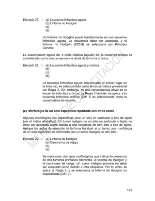 123
Ejemplo 27: I (a) Leucemia linfocítica aguda
(b) Linfoma no Hodgkin
(c)
(d)
Un linfoma no Hodgkin puede transformarse en una leucemia
linfocítica aguda. La secuencia debe ser aceptada, y el
linfoma no Hodgkin (C85.9) se selecciona por Principio
General.
La exacerbación aguda de, o crisis blástica (aguda) en, la leucemia crónica es
considerada como una consecuencia obvia de la forma crónica.
Ejemplo 28: I (a) Leucemia linfocítica aguda y crónica
(b)
(c)
(d)
La leucemia linfocítica aguda, mencionada en primer lugar en
la línea (a), es seleccionada como la causa básica provisional
por Regla 2. Sin embargo, es una consecuencia obvia de la
leucemia linfocítica crónica. La Regla 3 también se aplica, y la
leucemia linfocítica crónica (C91.1) es seleccionada como la
causa básica de muerte.
(c) Morfología de un sitio específico reportada con otros sitios
Algunas morfologías son específicas para un sitio en particular o tipo de tejido
(ver el índice alfabético). Un tumor maligno de un sitio en particular o tejido no
debe ser aceptado como debido a una neoplasia de otro sitio o tipo de tejido.
Aplique las reglas de selección de la forma habitual, si un tumor con morfología
de un sitio específico es informado con un tumor maligno de otro sitio.
Ejemplo 29: I (a) Linfoma de Hodgkin
(b) Carcinoma de vejiga
(c)
(d)
Se mencionan dos tipos morfológicos que indican la presencia
de dos tumores primarios diferentes, el linfoma de Hodgkin y
el carcinoma de vejiga. Un tumor maligno primario no debe
ser aceptado como debido a otra neoplasia. Por lo tanto, se
aplica la Regla 2, y se selecciona el linfoma de Hodgkin no
especificado (C81.9).
 