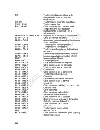 226
F69 Trastorno de la personalidad y del
comportamiento en adultos, no
especificado
F80-F89 Trastornos del desarrollo psicológico
F95.0 – F95.9 Trastornos por tics
F98.0 – F98.9 Otros trastornos emocionales y del
comportamiento que aparecen
habitualmente en la niñez y en la
adolescencia
G43.0 – G43.2, G43.8 – G43.9 Migraña, excepto migraña complicada
G44.0 – G44.2 Otros síndromes de cefalea
G45.0 – G45.9 Ataques de isquemia cerebral transitoria y
síndromes afines
G50.0 – G50.9 Trastornos del nervio trigémino
G51.0 – G51.9 Trastornos del nervio facial
G54.0 – G54.9 Trastornos de las raíces y de los plexos
nerviosos
G56.0 – G56.9 Mononeuropatías del miembro superior
G57.0 – G57.9 Mononeuropatías del miembro inferior
G58.7 Mononeuritis múltiples
H00.0 – H00.1 Orzuelo y calacio
H01.0 – H01.9 Otras inflamaciones del párpado
H02.0 – H02.9 Otros trastornos de los párpados
H04.0 – H04.9 Trastornos del aparato lagrimal
H10.0 – H10.9 Conjuntivitis
H11.0 – H11.9 Otros trastornos de la conjuntiva
H15.0 – H15.9 Trastornos de la esclerótica
H16.0 – H16.9 Queratitis
H17.0 – H17.9 Opacidades y cicatrices corneales
H18.0 – H18.9 Otros trastornos de la córnea
H20.0 – H20.9 Iridociclitis
H21.0 – H21.9 Otros trastornos del iris y del cuerpo ciliar
H25.0 – H25.9 Catarata senil
H26.0 – H26.9 Otras cataratas
H27.0 – H27.9 Otros trastornos del cristalino
H30.0 – H30.9 Inflamación coriorretiniana
H31.0 – H31.9 Otros trastornos de la coroides
H33.0 – H33.5 Desprendimiento y desgarro de la retina
H34.0 – H34.9 Oclusión vascular de la retina
H35.0 – H35.9 Otros trastornos de la retina
H40.0 – H40.9 Glaucoma
H43.0 – H43.9 Trastornos del cuerpo vítreo
H46 Neuritis óptica
H47.0 – H47.7 Otros trastornos del nervio óptico [II par] y
de las vías ópticas
 